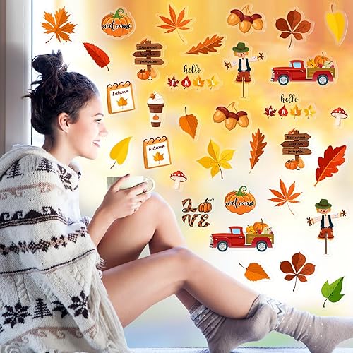 Miniatura 5 de 40 calcomanías de gel grueso para otoño, hojas de Acción de Gracias, calcomanías de gel para ventana, calcomanías de otoño para ventana, calabaza,