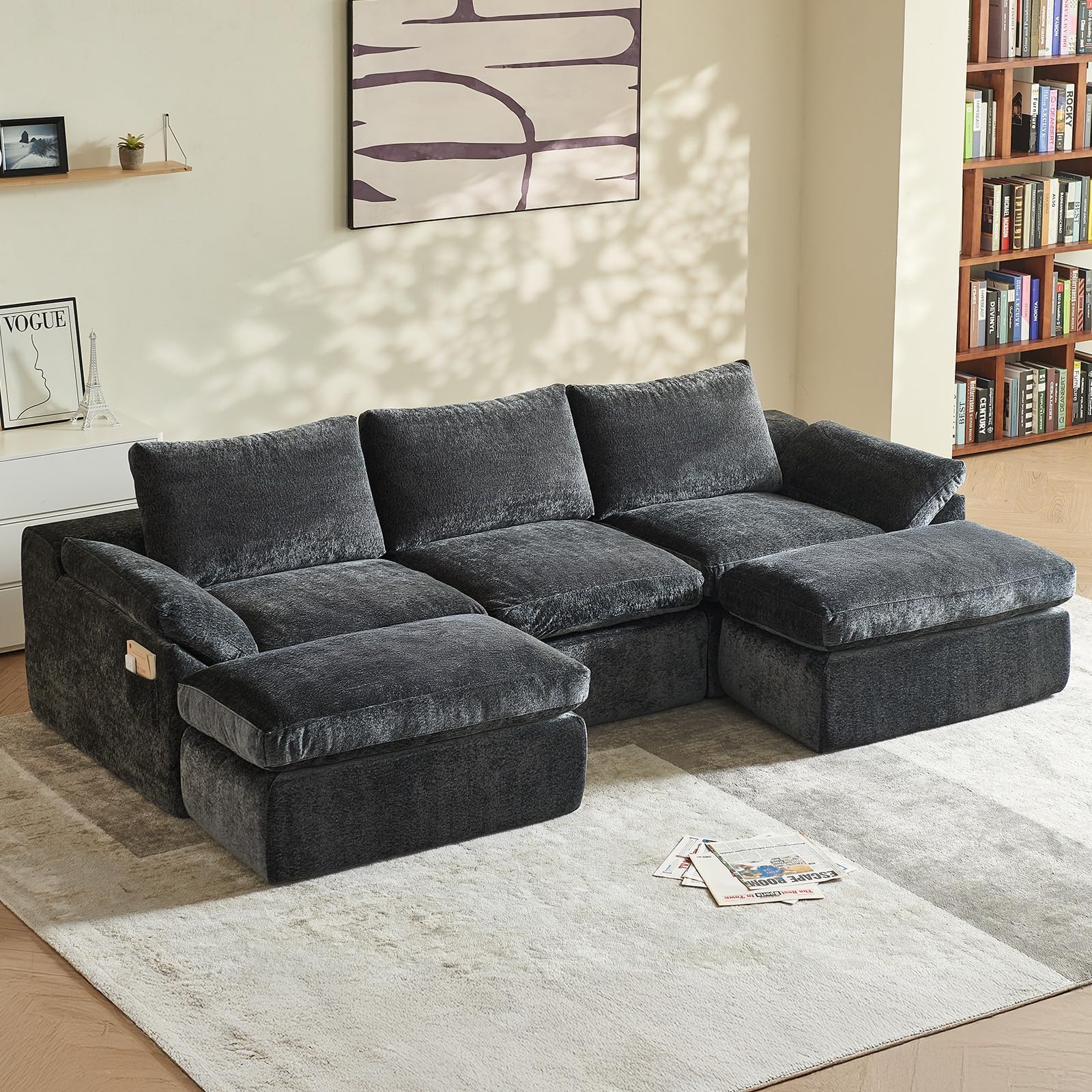 – Vamcheer 269cm U Shaped Corner Sofa - Modular Boneless Couch with Memory Foam Seating & Movable Footstool, 3/4 Seater Compression Sofa No Assembly Required for Living Room, Grey