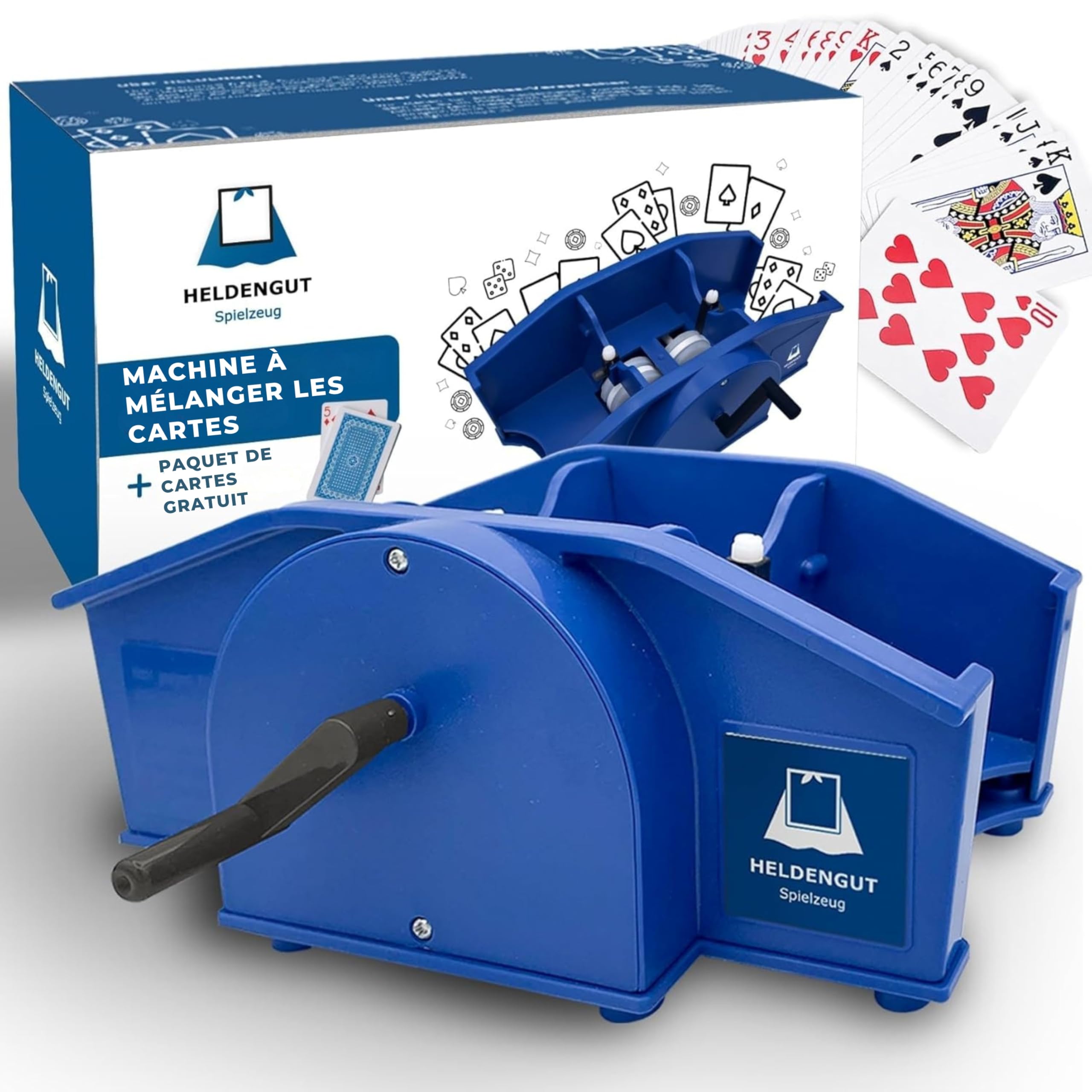 HELDENGUT Mélangeur De Cartes Manuel À Manivelle Pour Poker, Blackjack Et Rami – Machine À Mélanger Sans Piles Bleu
