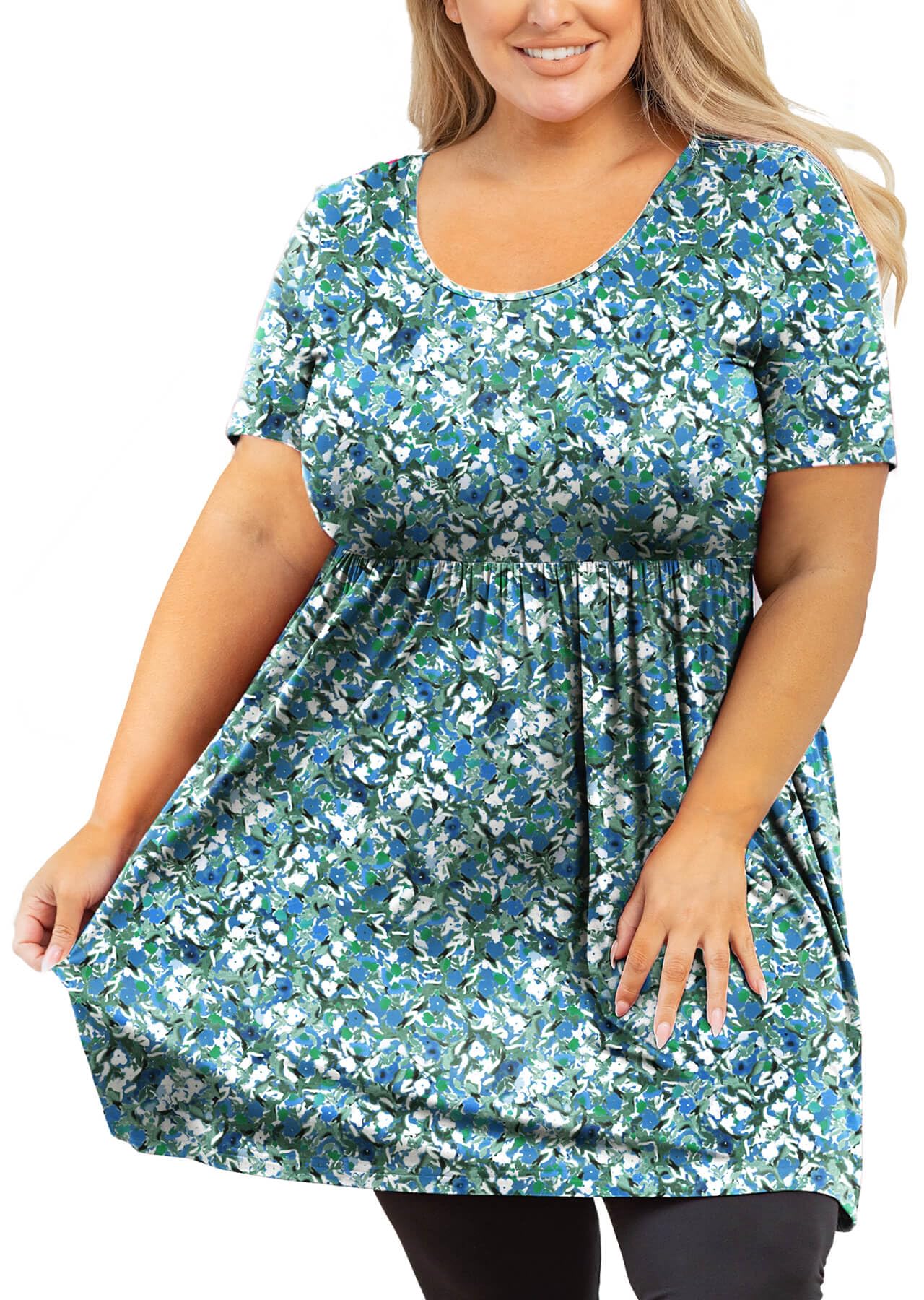 AusLook Women's Plus Size Tunic Short Sleeve Clothes Scoop Neck Summer Tops Pleated Flowy Loose Fit T Shirt for Leggings