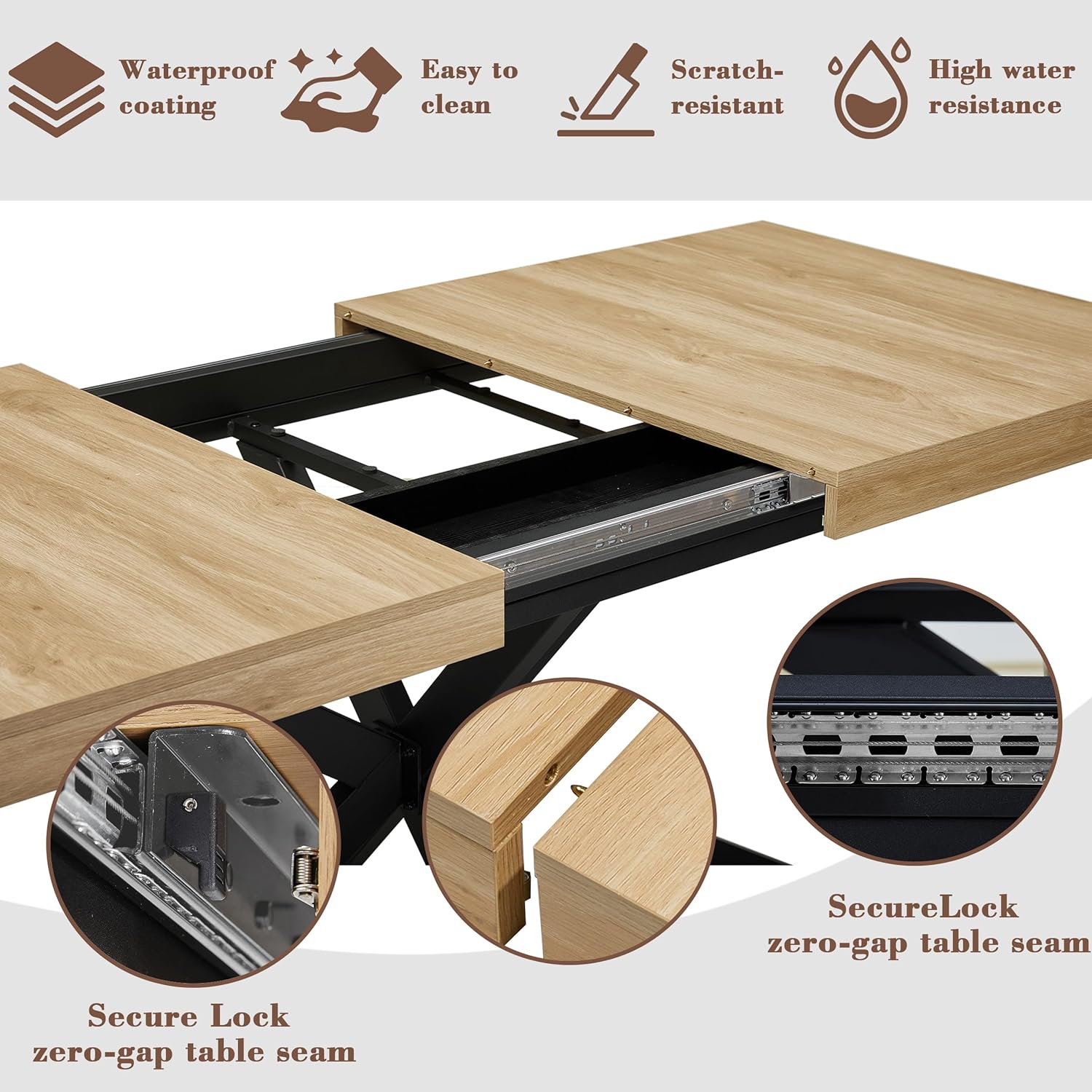Close-up of MECHYIN table surface highlighting waterproof and scratch-resistant features