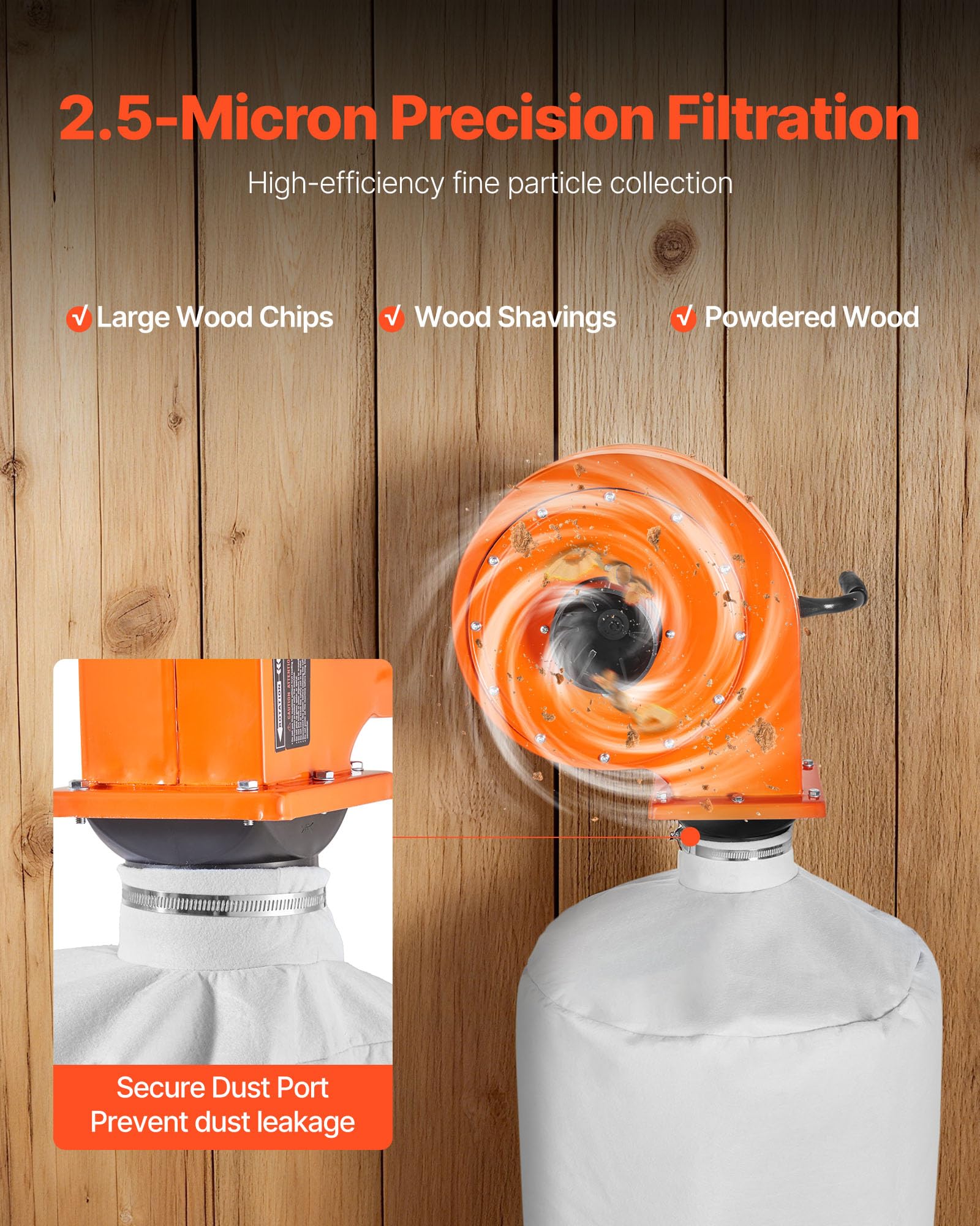 VEVOR Extractor de Polvo de Pared, 1 HP, 951,45 m³/h, con Bolsa Colectora de Polvo 2,5 Micras y 79,5 L, Extractor de Virutas a Carpintería, Talleres y Fábricas Industriales, 1040 x 350 x 400 mm