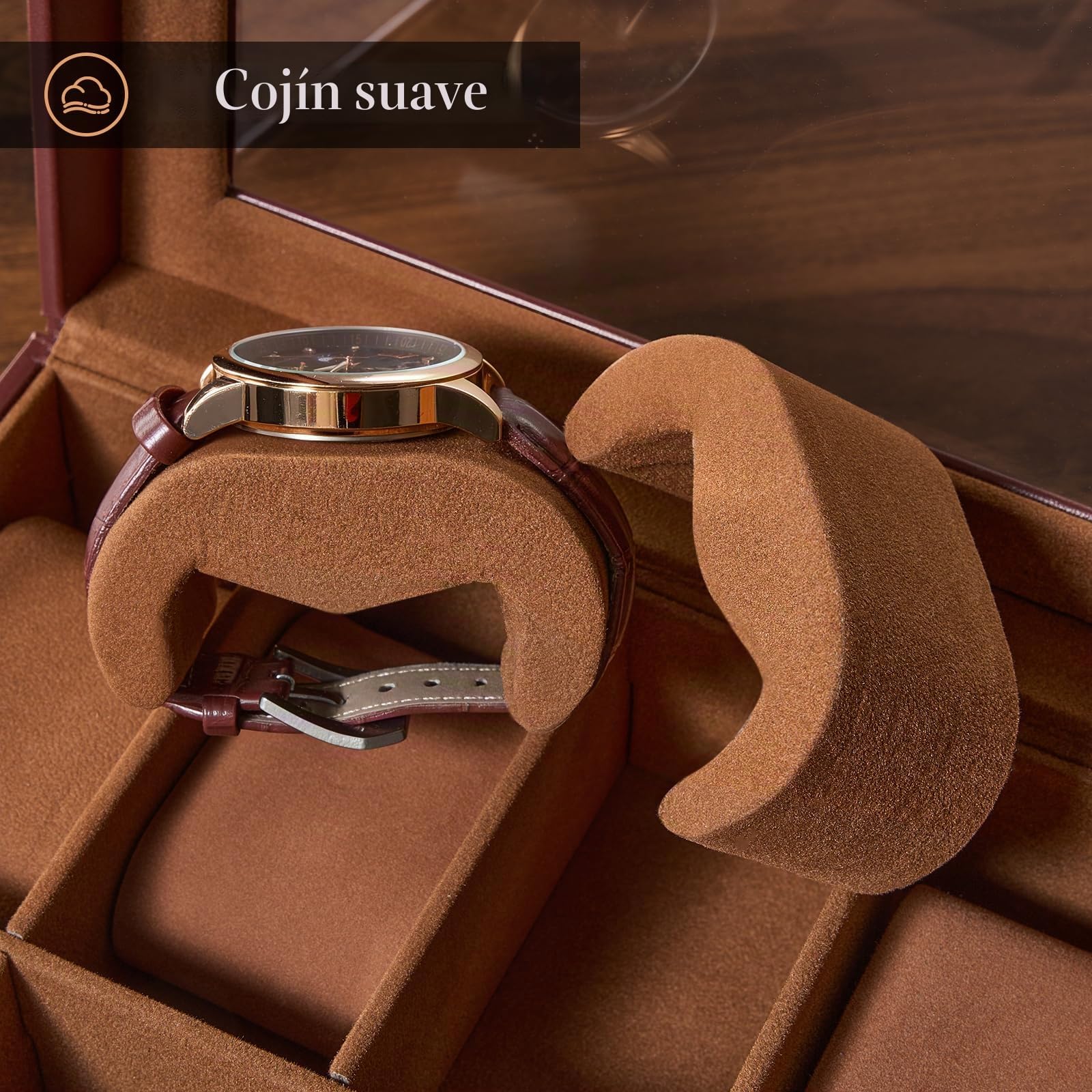 ProCase Estuche para Relojes de Doble Nivel con Tapa de Cristal, Organizador para Relojes, Anillos y Pulseras, Marrón