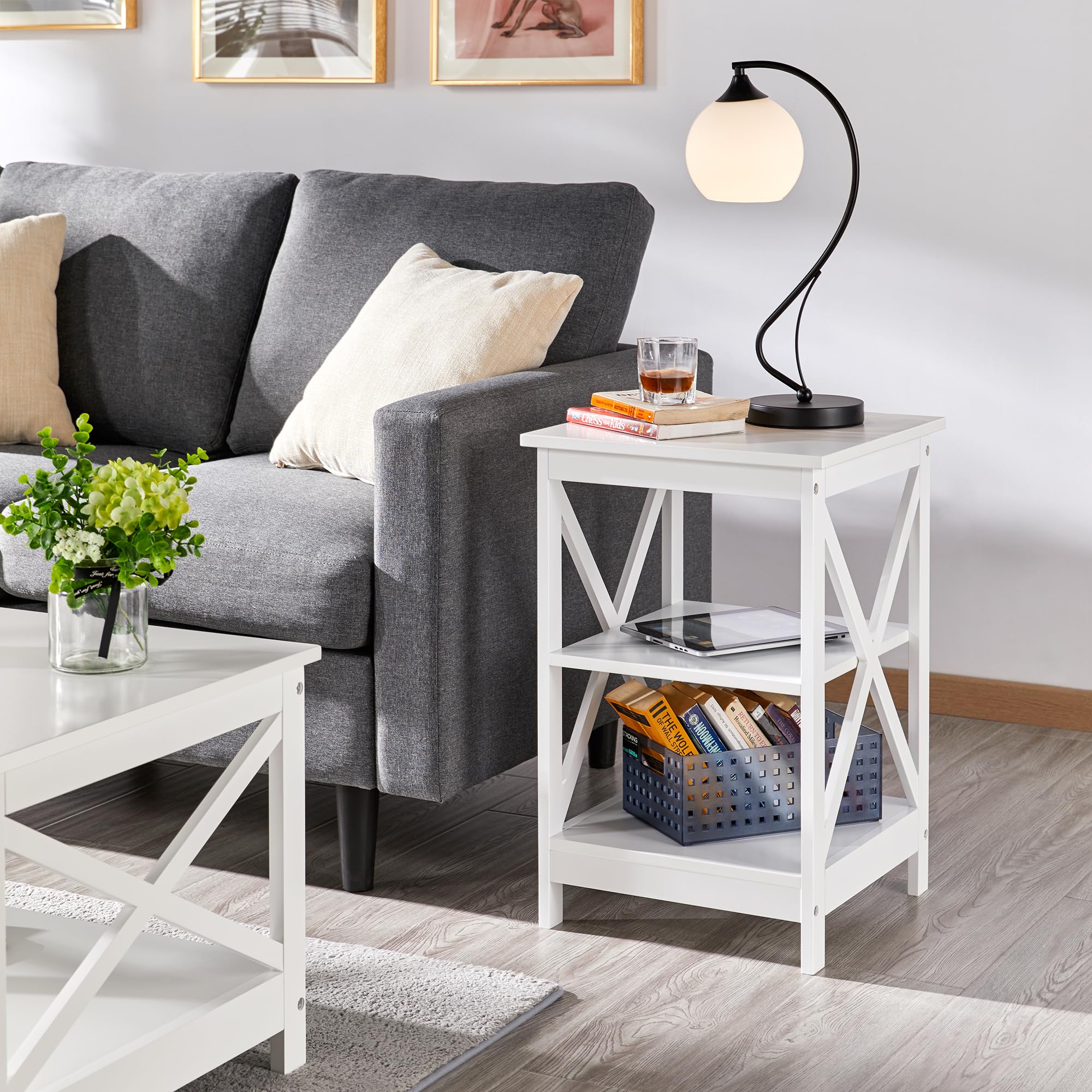 Yaheetech Tavolino Basso da Salotto a Forma X | Tavolino da Caffè a 3 Ripiani Bianco Design Moderno Comodino da Camera da Letto Soggiorno 40 x 40 x 61 cm