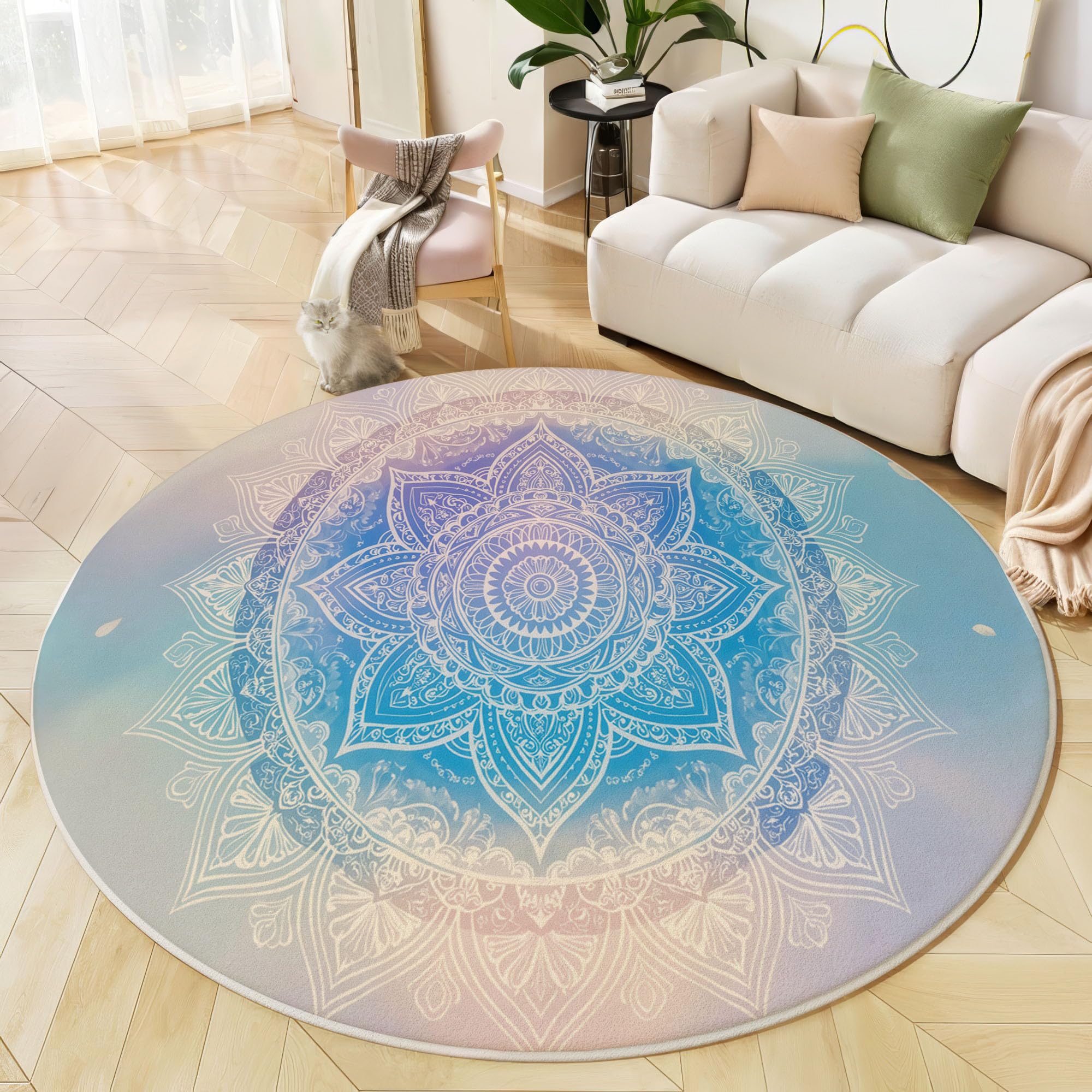 Tapis Rond Mandala Dégradé Aquarelle pour Salon, 160cm Circulaire Tapis Style Artistique Onirique Douce Lavable Et Antidérapante pour Chambre Intérieure, Bleu Clair