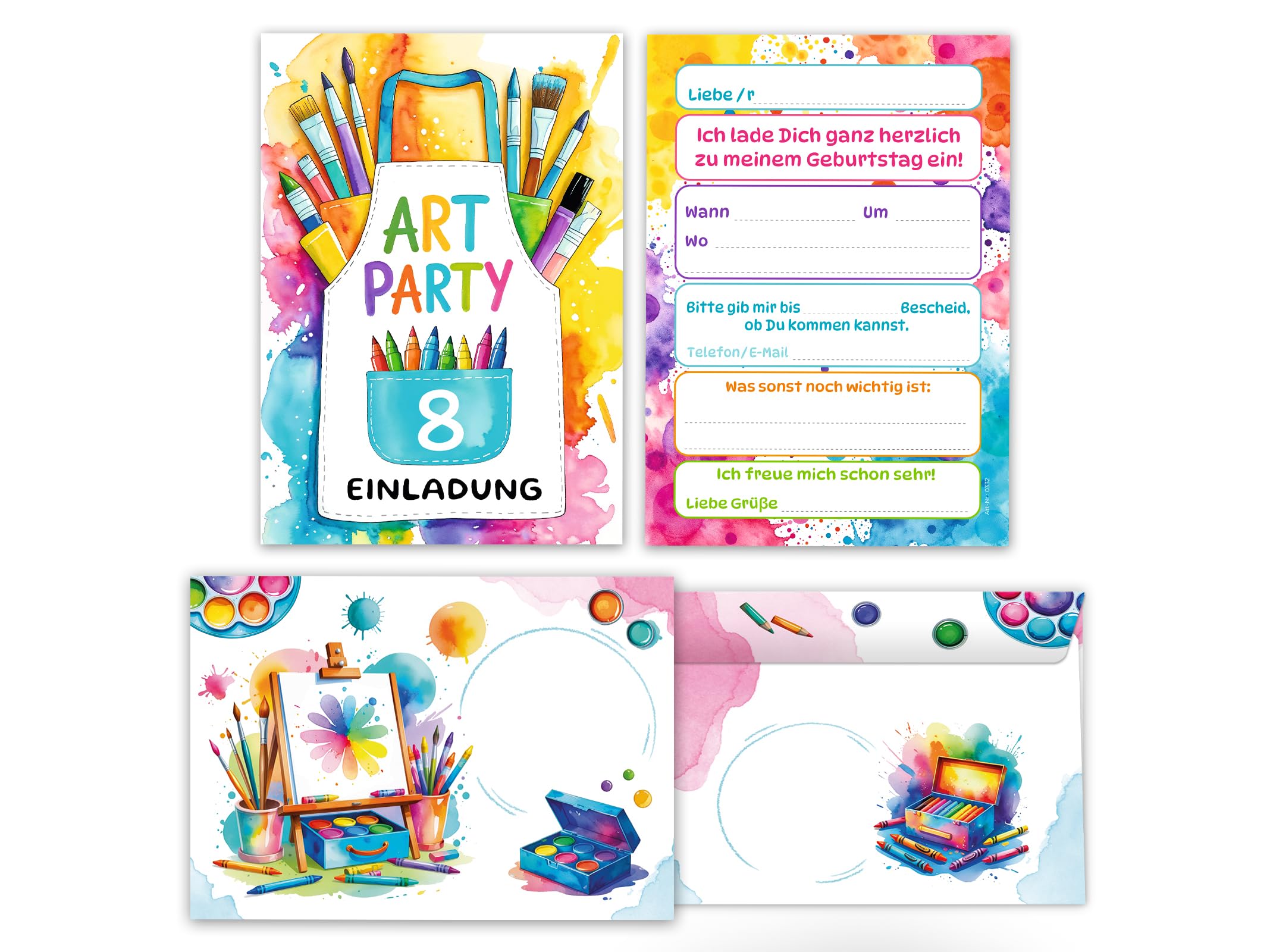 Junaversum 12 Einladungskarten inkl. 12 Umschläge zum 8. Kindergeburtstag Mädchen Jungen Art Kreativ-Party Malparty Kunst Basteln DIY Künstlerparty Kinder Einladungen achte Geburtstag Kids