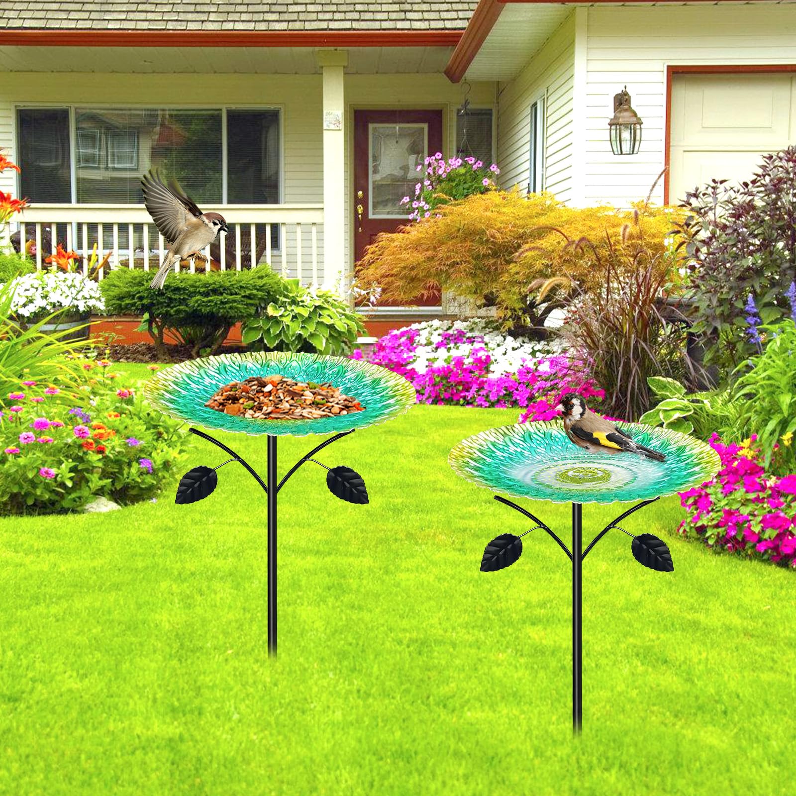 Bebedero para pájaros de pie, grande, 83 cm, de metal, baño para pájaros de pie, para jardín, resistente al invierno para exteriores, bebedero de agua antiguo para pájaros, bebedero de jardín con base