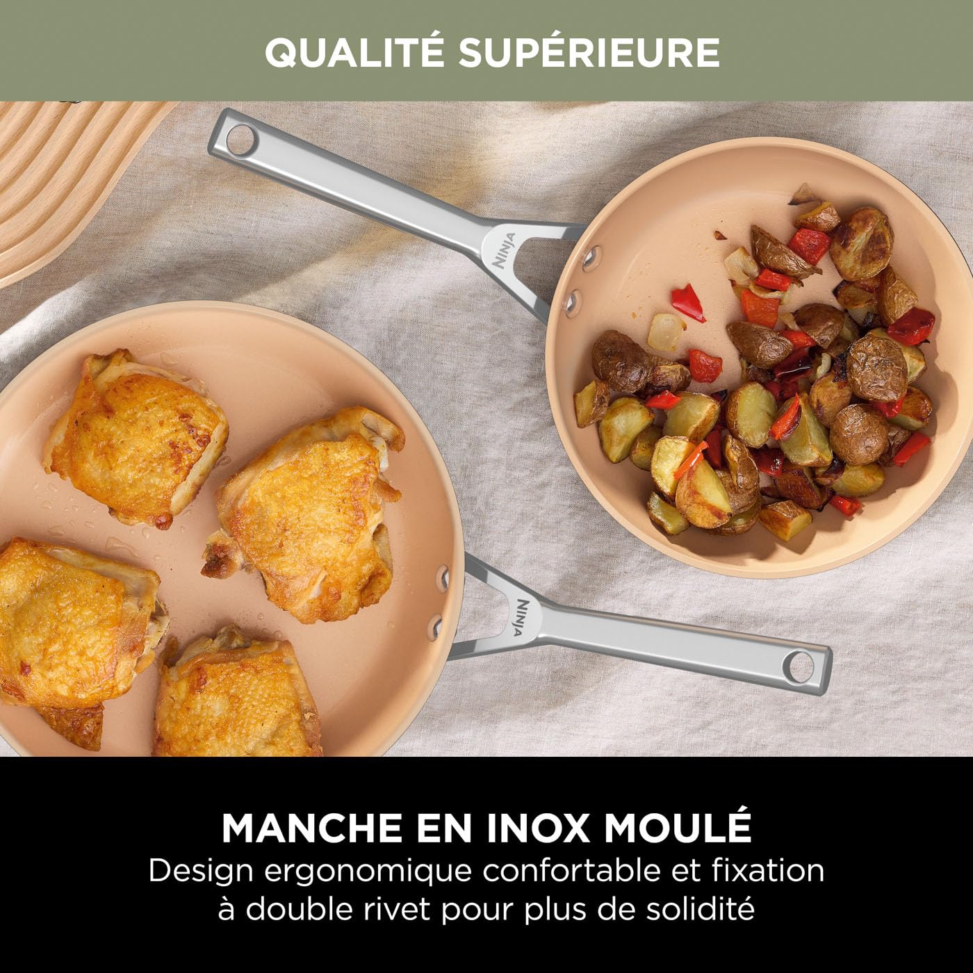 Ninja Extended Life Batterie Céramique 5 Pièces (Poêles 20/24cm + Casseroles 16/18/20cm + couvercles), Antiadhésif (sans PFA, PFOA, Plomb ou Cadmium), Résistance 285°C, Gris & Terrecota, CW95000EUUKDB