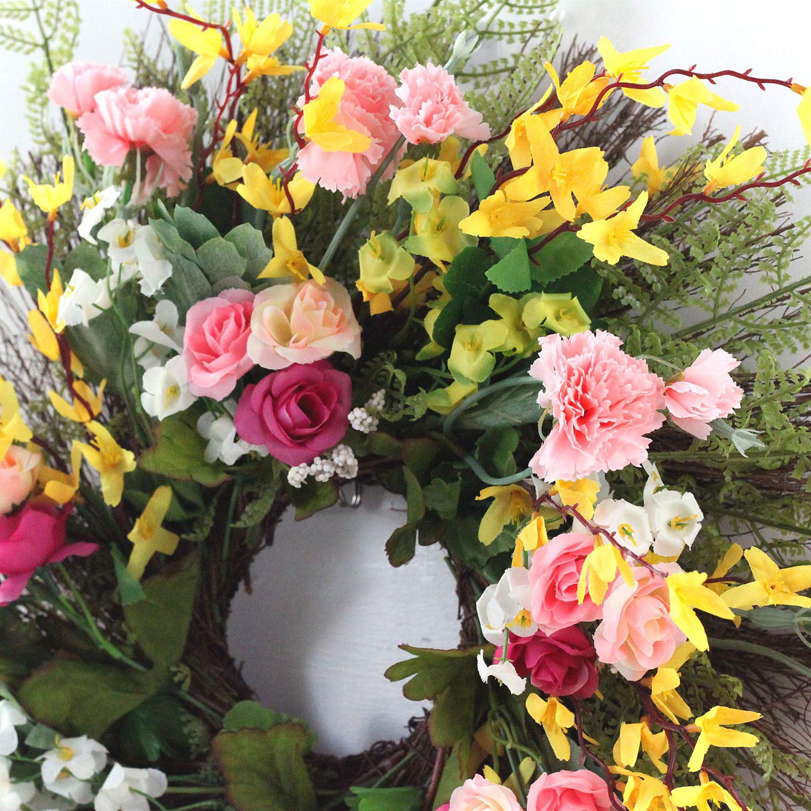 LIU- Frühling Sommer Vordere Tür Kranz Künstliche Gelbe Winter Jasmin Rosa Nelken Kranz Home Bauernhaus Ornamente