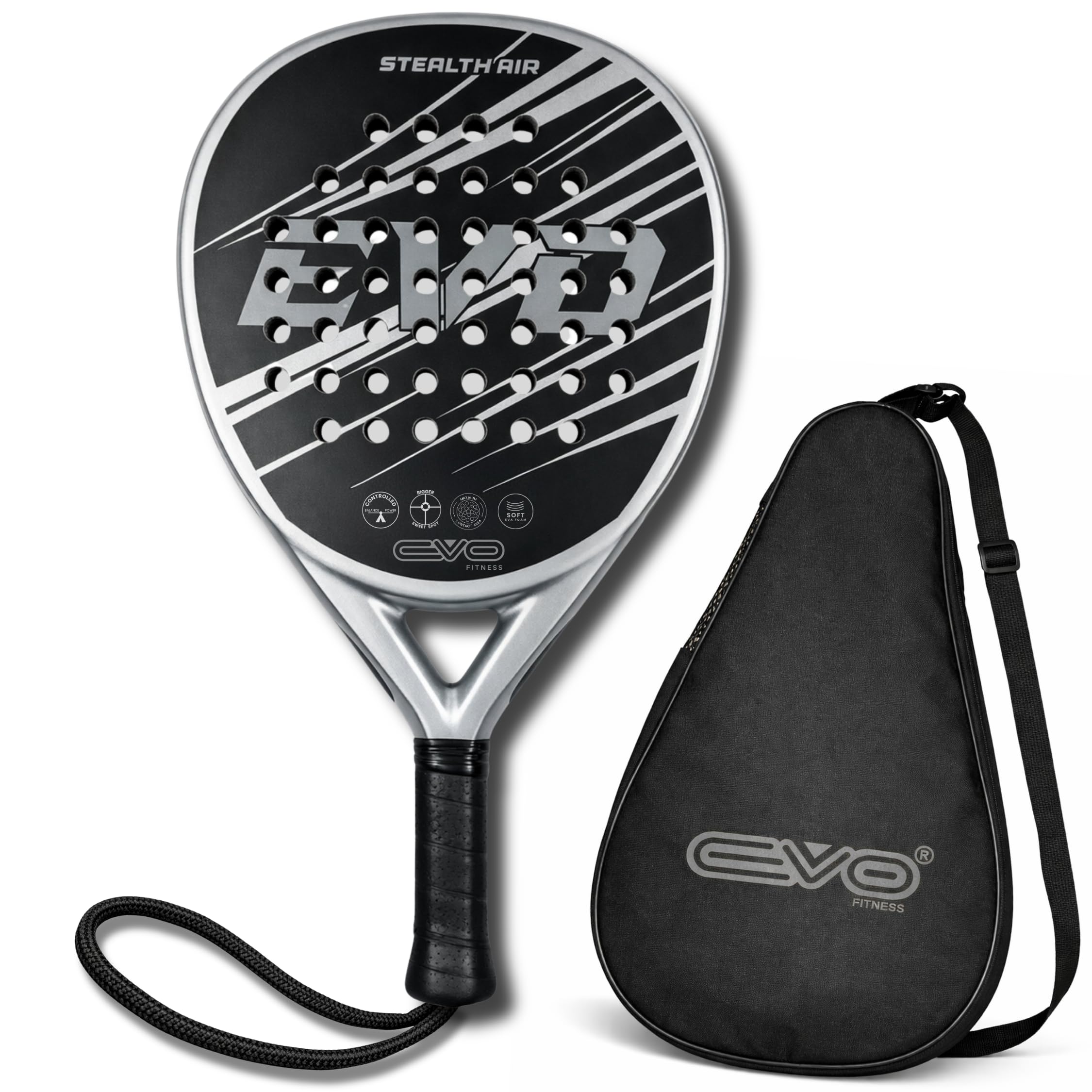 EVO Fitness Racchetta da padel – Nucleo in schiuma EVA morbida per il massimo controllo – 350 g – Racchetta da paddle leggera per adulti – Extra Large 525 cm² superficie della testa racchetta da