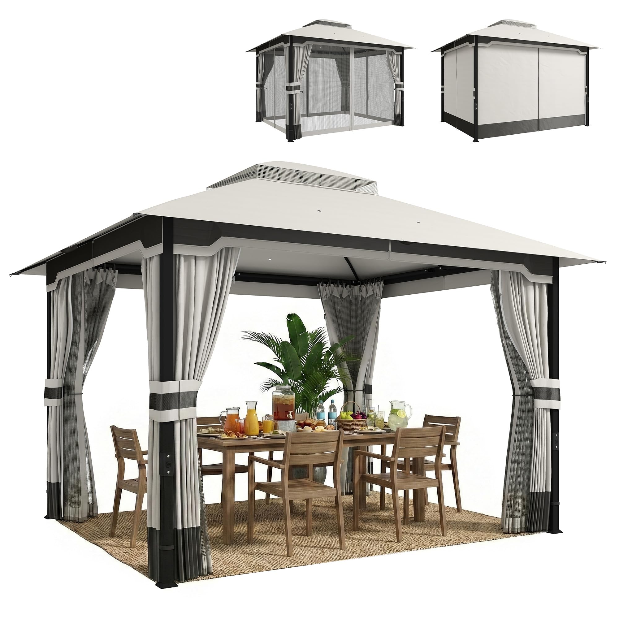 Outsunny Tonnelle de jardin 3x3,6 m, Pavillon de jardin Gazebo avec double toit, 4 parois latérales et moustiquaire, structure métallique, drainage, tente pour extérieur, terrasse, patio, gris clair