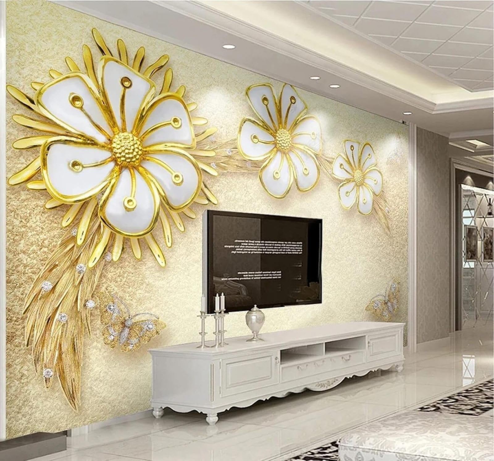 XLMING Luxury Diamonds Gold Flowers Butterflies 3D Wallpaper Silky Texture Home Study Office Grey Dining Room Sofa Bedroom Living Room TV Backdrop-350cm×256cm