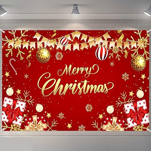 Merry Christmas Party Backdrop - Red Gold Banner Background for Xmas Photography
