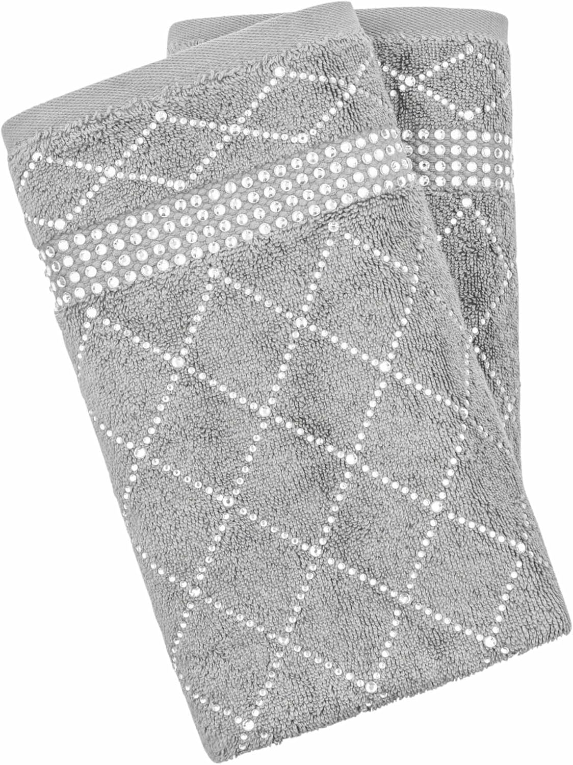 Sparkles Home Atlas Hand Towel (Set of 2), 100% Turkish Cotton, Glass Rhinestones, Machine Washable, Gray