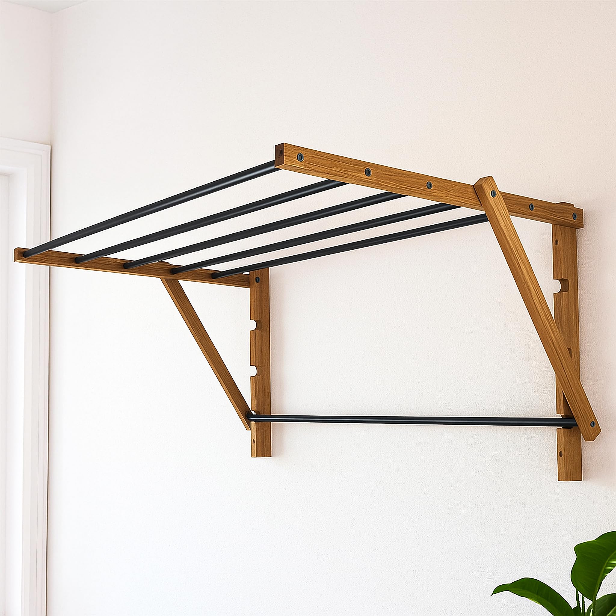 eGarden Wand Wäscheständer aus Holz – faltbares Trockengestell mit 5 Stangen, platzsparende Wandtrockner für Bad, Küche & Balkon, stabile Konstruktion, dekorativ & langlebig