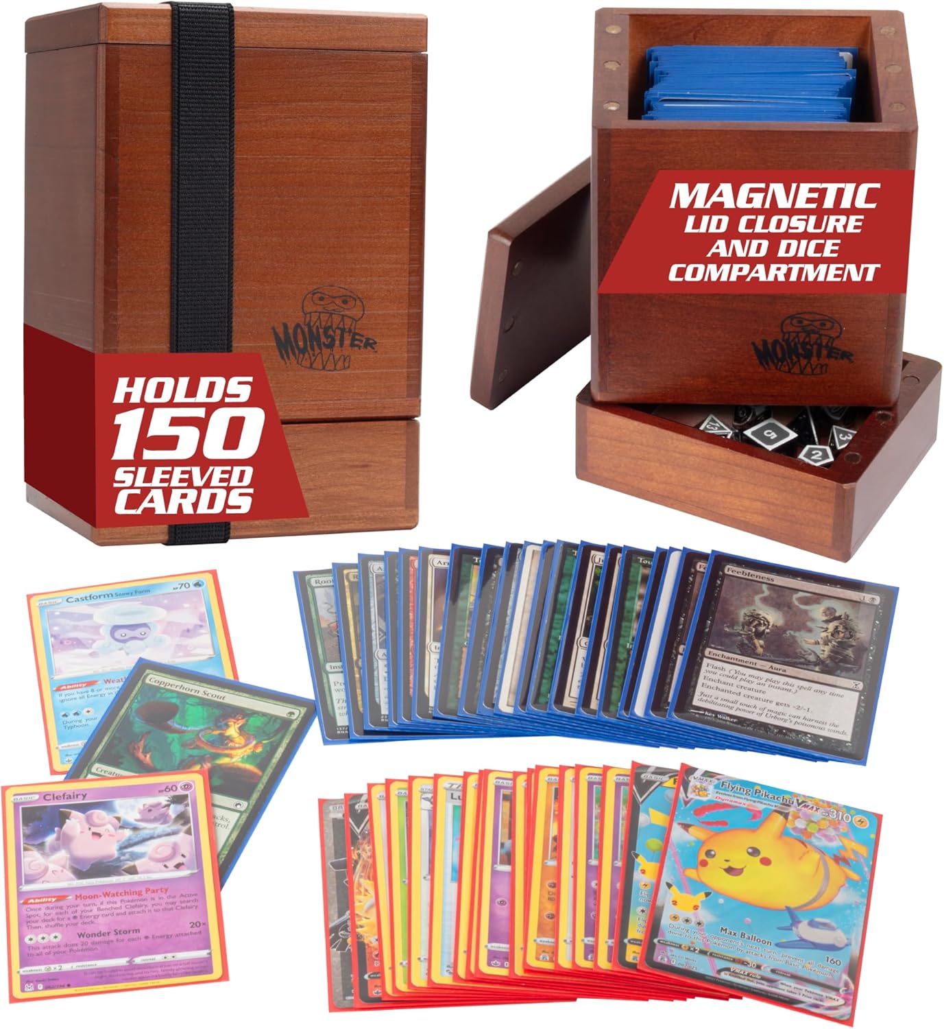 Monster Wooden Deck Box w Strong Magnetic Lid, Dice Tray & Security Band- Premium Holds 150 Sleeved Cards- Compatible w Yugioh Commander Magic the Gathering MTG Sport Trading TCG Games, Gift