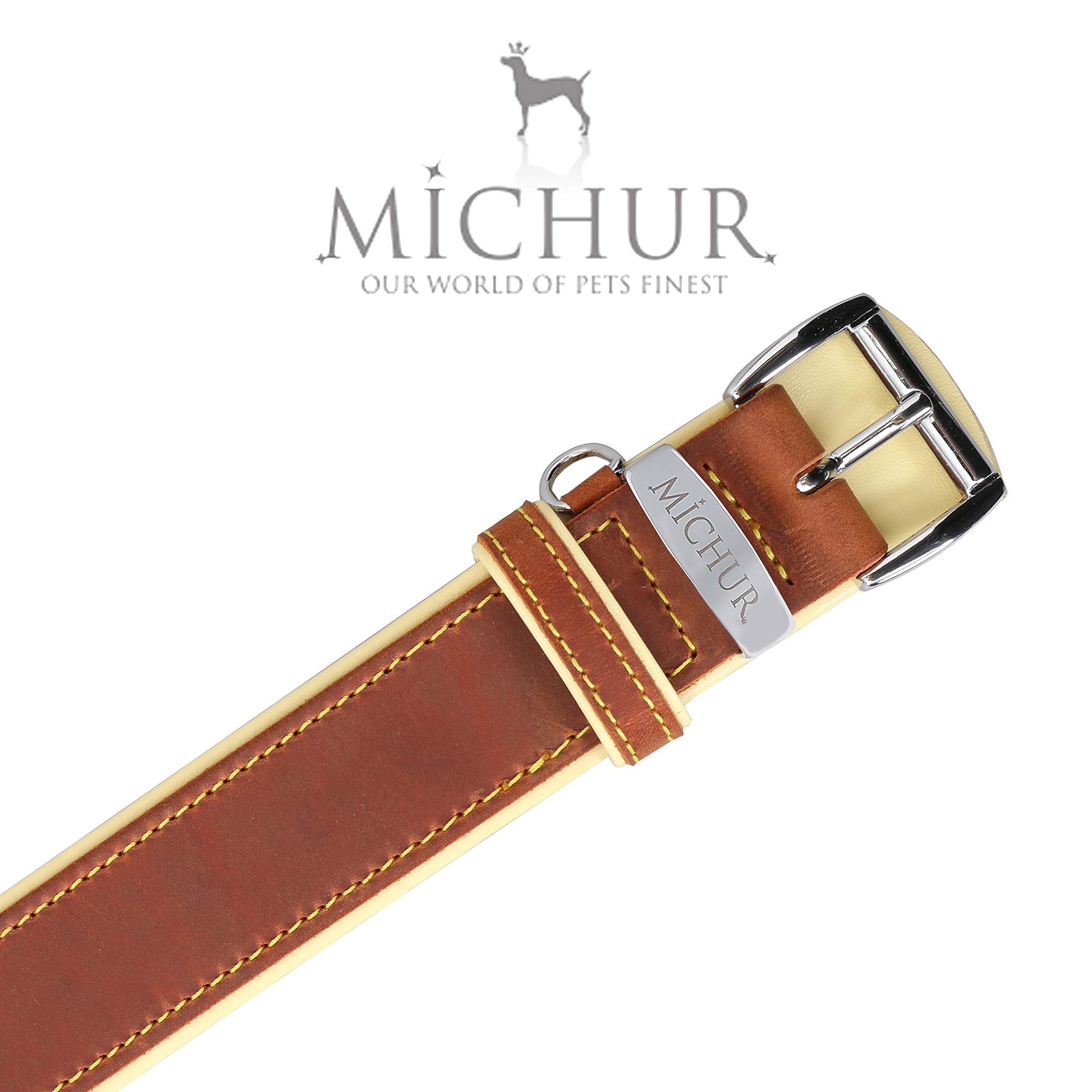 MICHUR Charly Hundehalsband Leder Braun Gelb, Lederhalsband Hund, Halsband, Leder, in verschiedenen Größen erhältlich