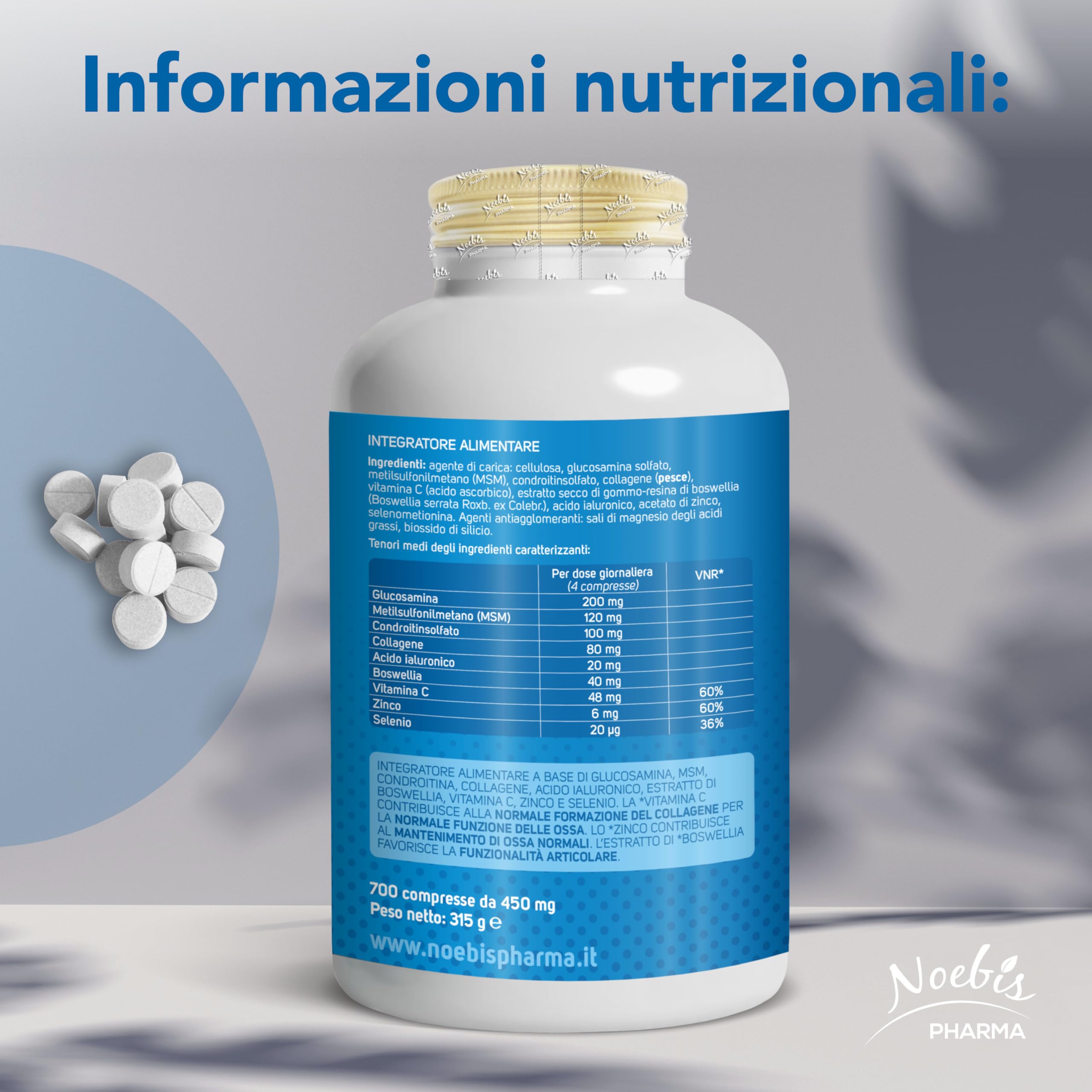 Glucosamina Advanced Noebis Pharma - Glucosamina, MSM, Condroitina, Collagene, Acido Ialuronico e Boswellia - 700 Compresse - Benessere Articolare