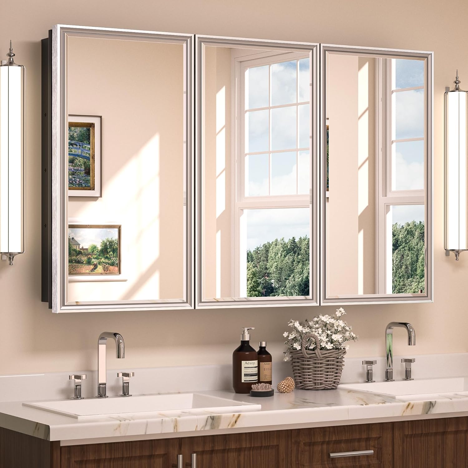 TETOTE 48x30 Inch Medicine Cabinet Brushed Silver Frame with Mirror for Bathroom Aluminum Framed Surface or Recessed Wall-Mounted Medicine Cabinets Beveled Mirror with Storage 3 Door Modern Farmhouse 48x30 Silver