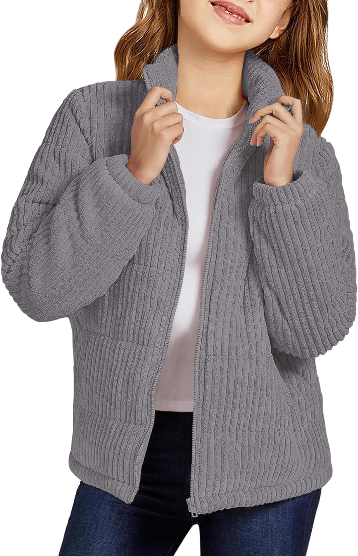 Floral Find Girls Long Sleeve Winter Jacket Coats Zip Up Stand Collar Corduroy Quilted Outerwear Jackets with Pocket