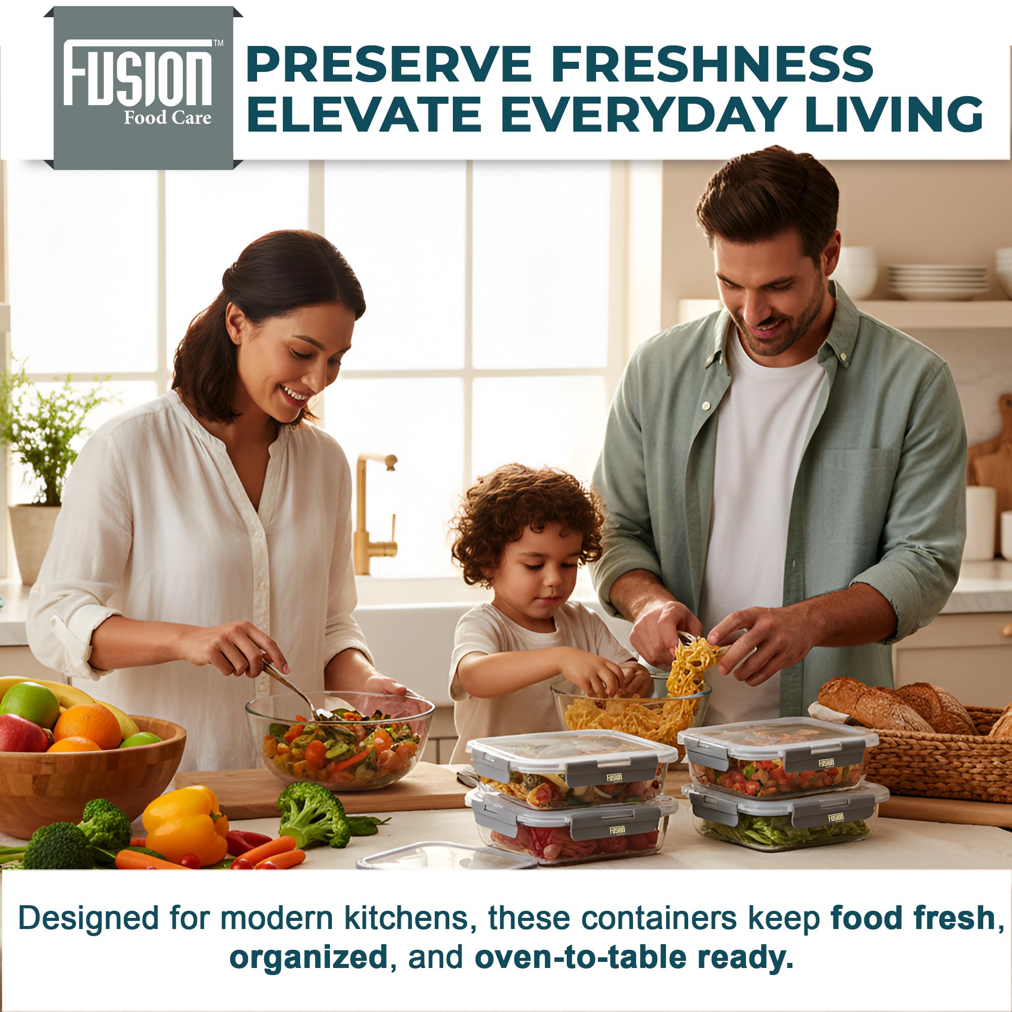Fusion - Contenitori per alimenti con coperchi ermetici, confezione da 5, 1040 ml, in vetro, adatti per forno, microonde, congelatore e lavastoviglie, senza BPA, resistenti alle perdite
