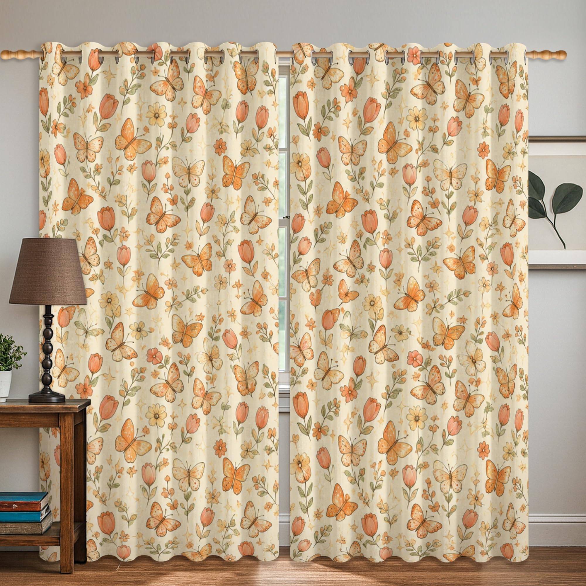 Rideaux occultants orange à motif papillon et tulipes pour chambre 132x160 cm