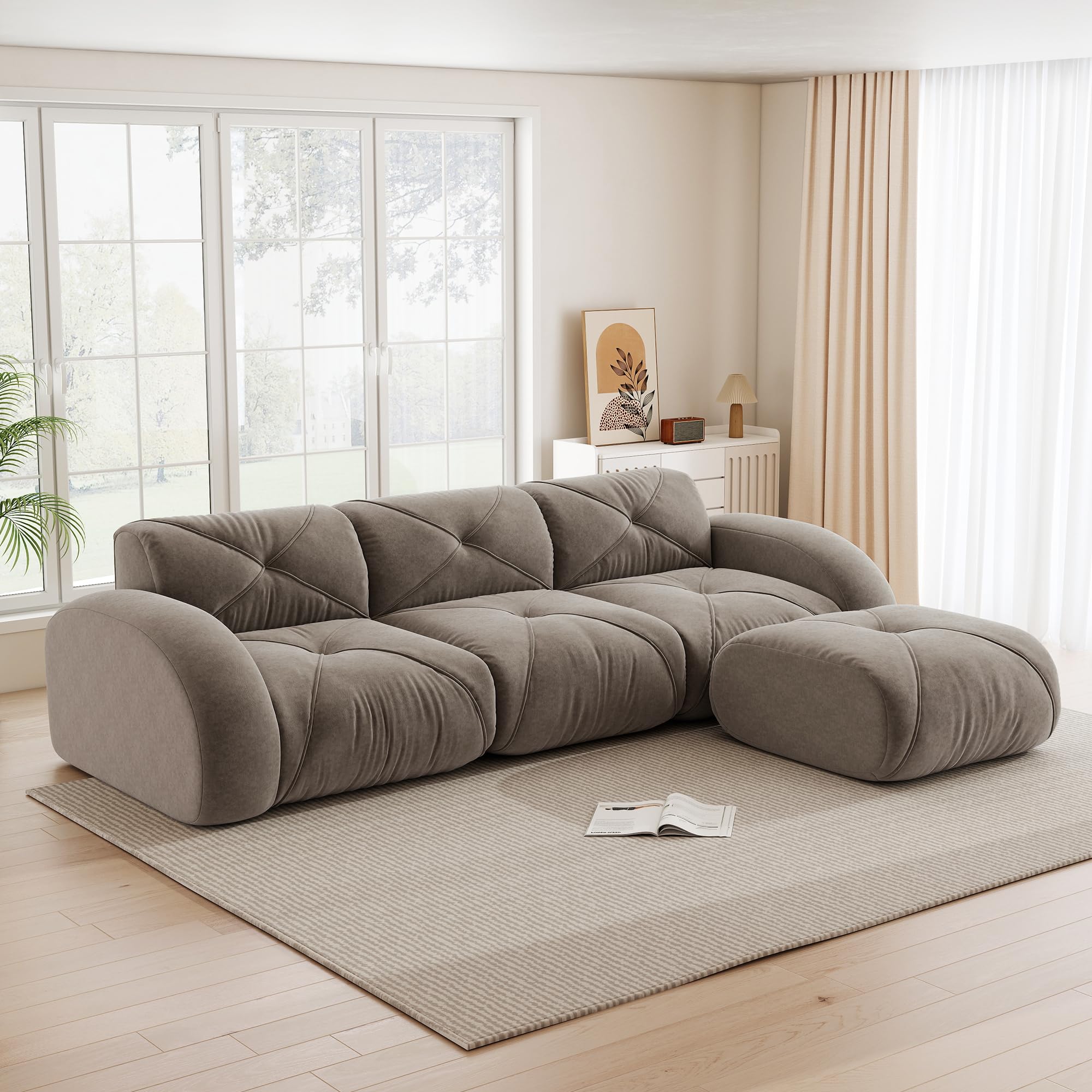 Anself Divano modulare L 3 posti con supporto piedi, chenille morbido resistente, schiuma 32D, senza cornice, 200 kg a seduta, per famiglie e spazi piccoli