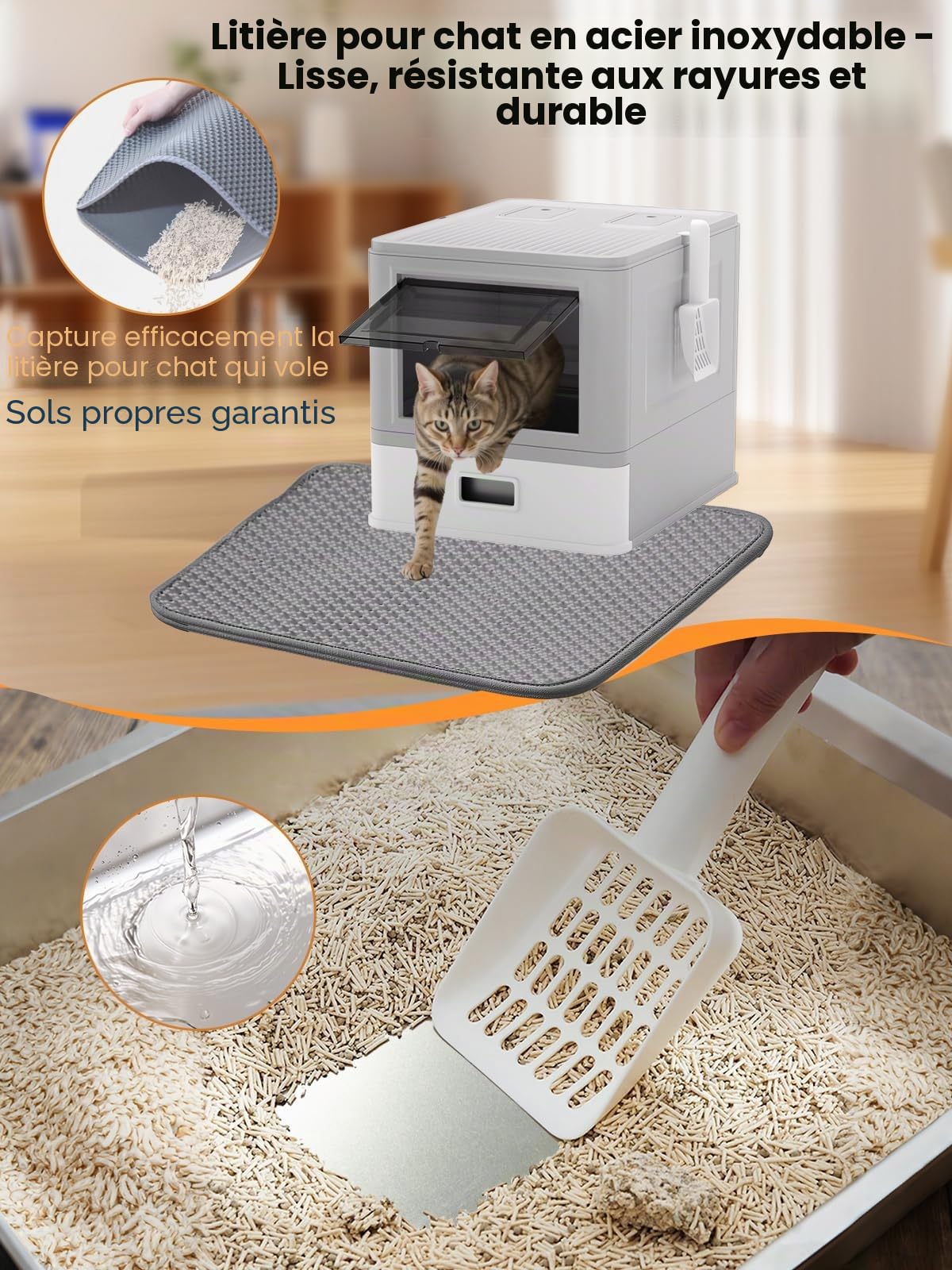 Bac à litière entièrement fermé avec couvercle, sac neutralisant les odeurs, bac à litière pour chat de grande taille, plateau en acier inoxydable extensible avec tapis de litière pour chat jusqu'à 15