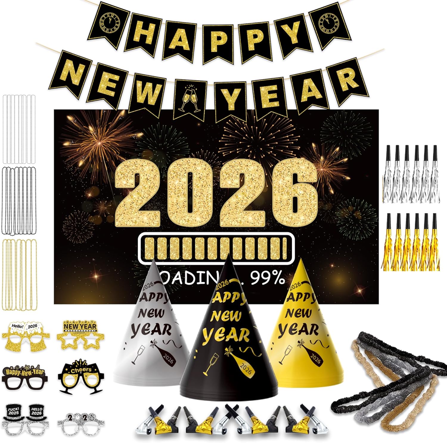 New Years Eve Party Supplies 2026 - Happy New Year Party Supplies Kit for 50 Guests, Including Hats, Glasses, Les, Beads, Squakers, a Backdrop and a Banner, Great New Yeras Decorations