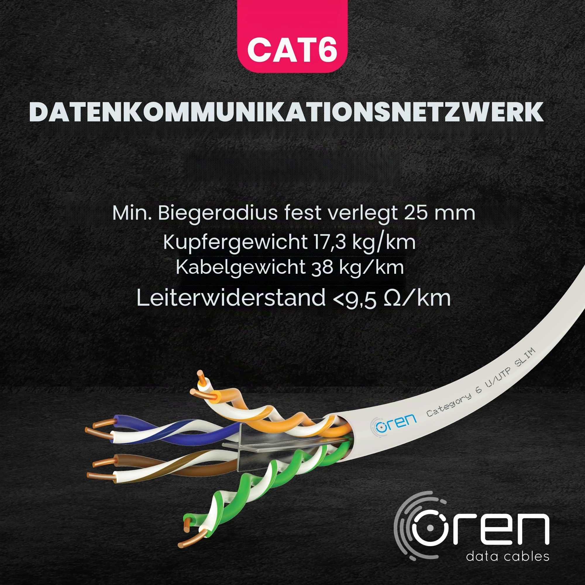Oren CAT6 100m Ethernet Kabel Weiß - Schlank - 23 AWG Reines Kupferdraht - 250 MHz Bandbreite UTP Internet LAN Netzwerkkabel - Halogenfrei, Korrosionsfrei - Gigabit High Speed Ethernet Kabel