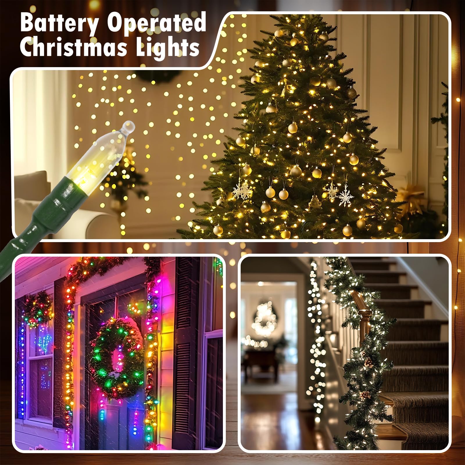 Luci di Natale a batteria, confezione da 4 mini luci trasparenti da 50 LED, 8 modalità con timer, impermeabili, per Natale, interni ed esterni, decorazione per la casa, bianco caldo