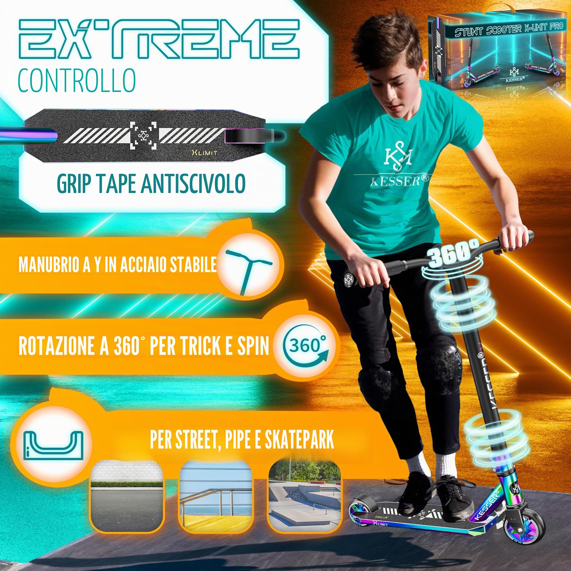 KESSER® Monopattino acrobatico X-Limit-PRO 360Ḟ Divertente Monopattino Monopattino acrobatico con Supporto ABEC 9 Cuscinetti a Sfera, Ruote in PU da 110 mm, Monopattino Scooter