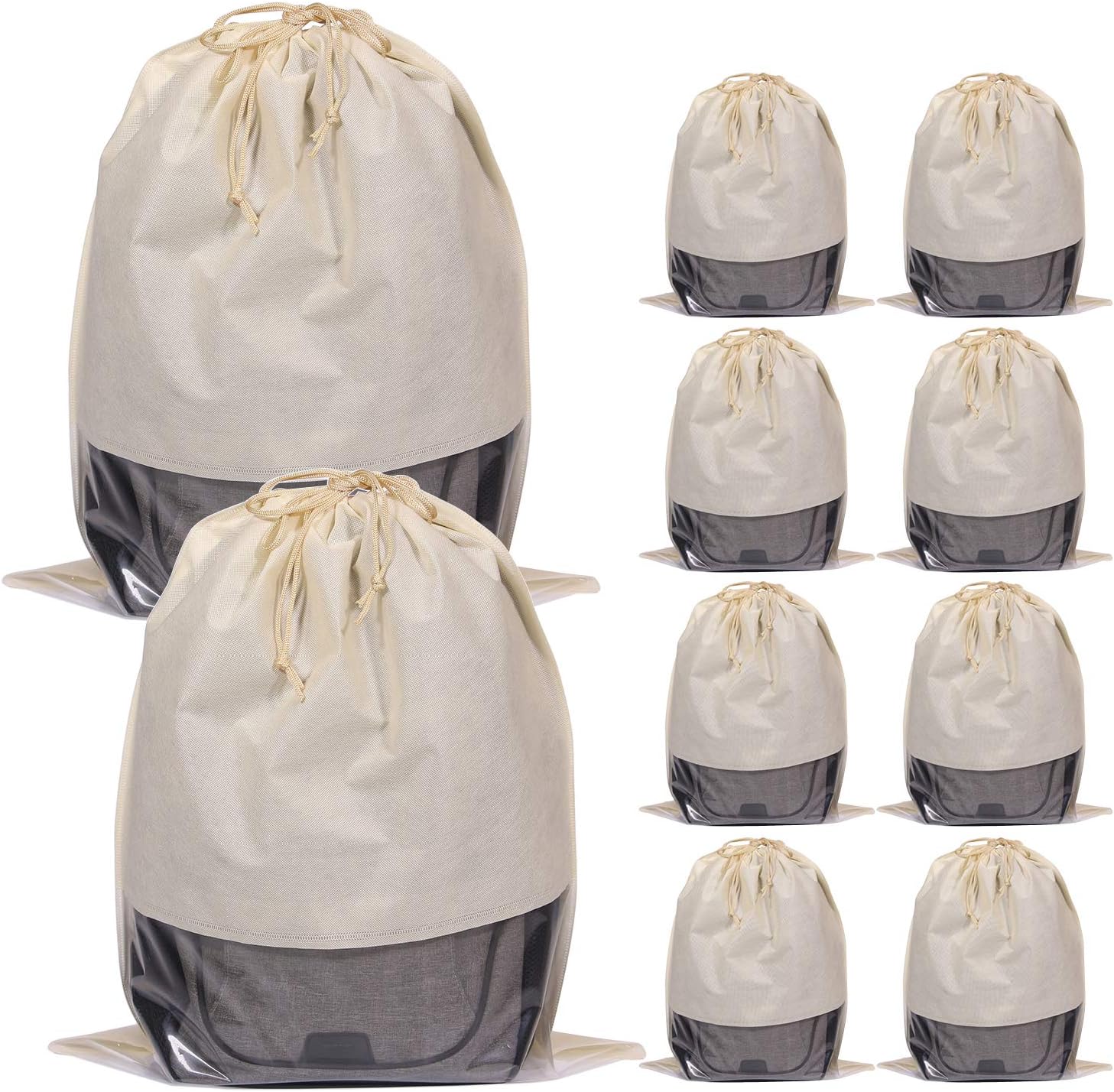 10 Pack Jumbo Dustproof Drawstring Bags Dust Covers Large Non-Woven Fabric Cloth Storage Pouch String Bag for Handbags Purses, Beige