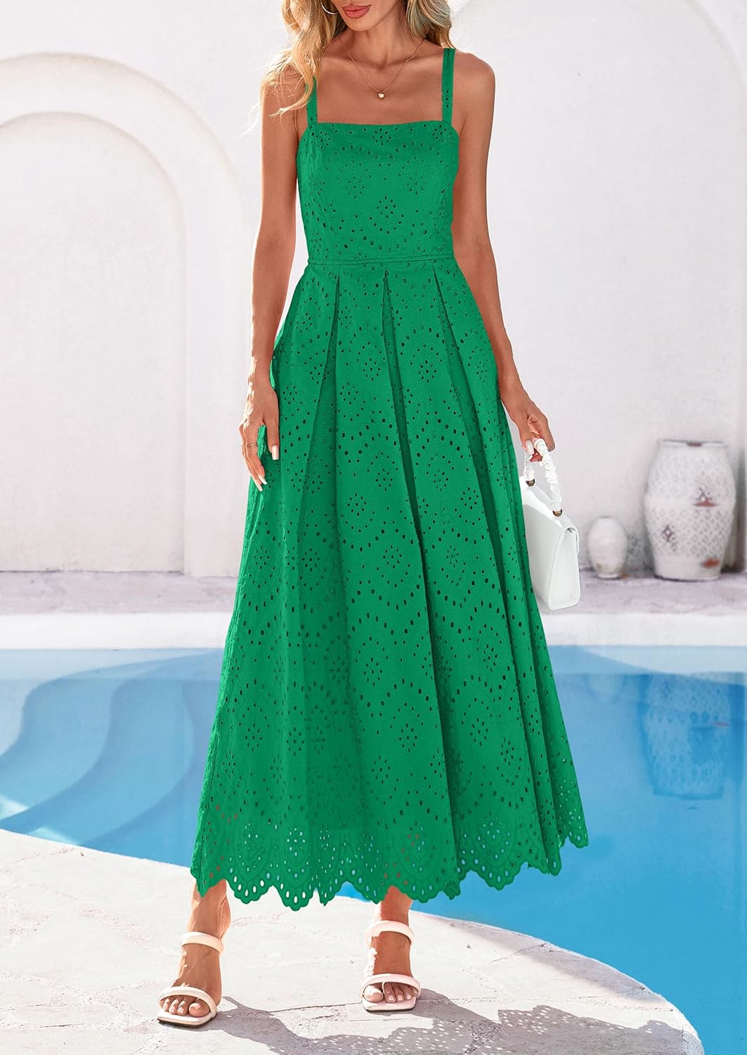 PRETTYGARDEN Womens Sleeveless Maxi Summer Dresses 2026 Hollow Out Eyelet Square Neck Ruffle Flowy Beach Vacation Sundress - Image 2