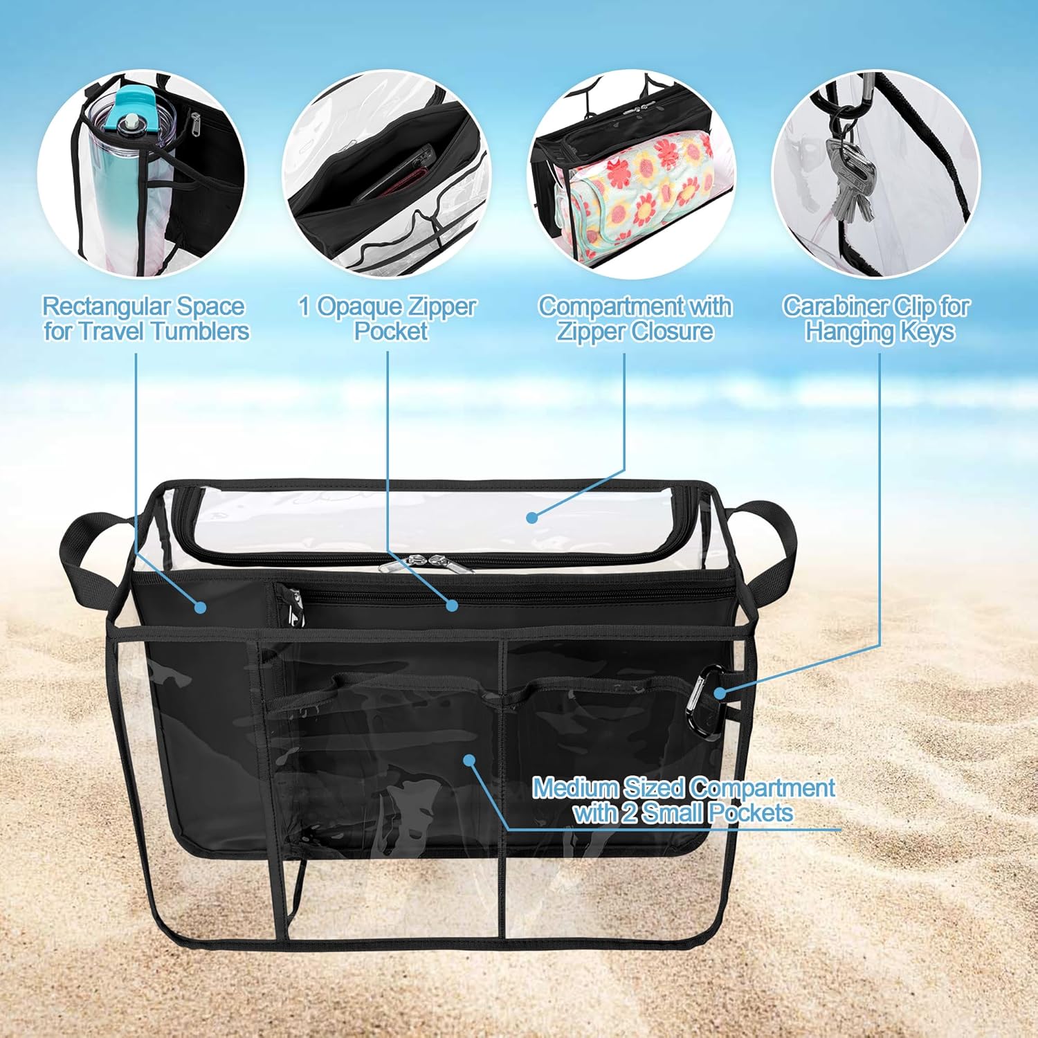 Rexmica Clear Beach Bag Organizer Insert Compatible with BOGG BAG Original X Large, Zipper Organizer Liner Compatible with BOGG BAG Original X Large, Insert Divider Pouch with 2 Compartments, Black
