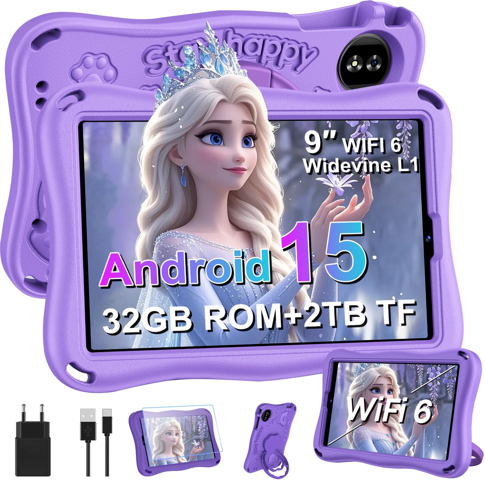 SUAAT 2026 Kinder Tablet 9 Zoll Android 15 mit 32GB ROM+TF 2TB, 5G WiFi, Gemini AI, Octa-Core, Widevine L1, GPS, Face ID, Kindersicherung, 1340 * 800, 5000mAh, BT 5.0, Kids Tablet mit Eva Case - Lila