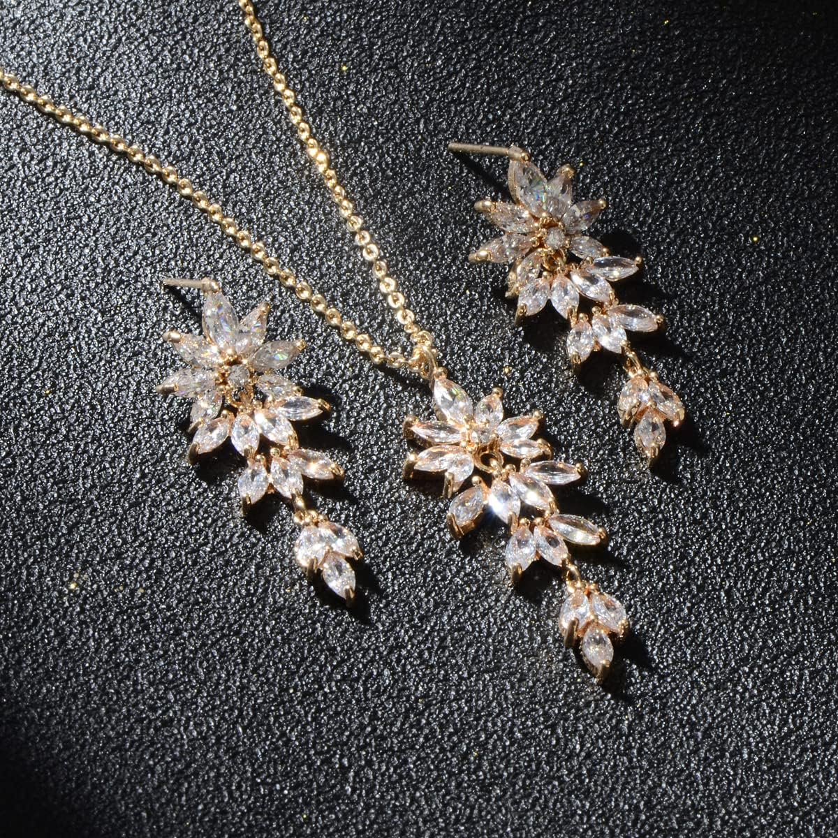 Wedding Jewelry Set for Brides - Women's Sterling Silver Bridal Cubic Zirconia CZ Rhinestone Diamond Leaf Flower Floral Cluster Necklace and Earrings Set for Bridesmaids Mother of Bride Party Prom Girls