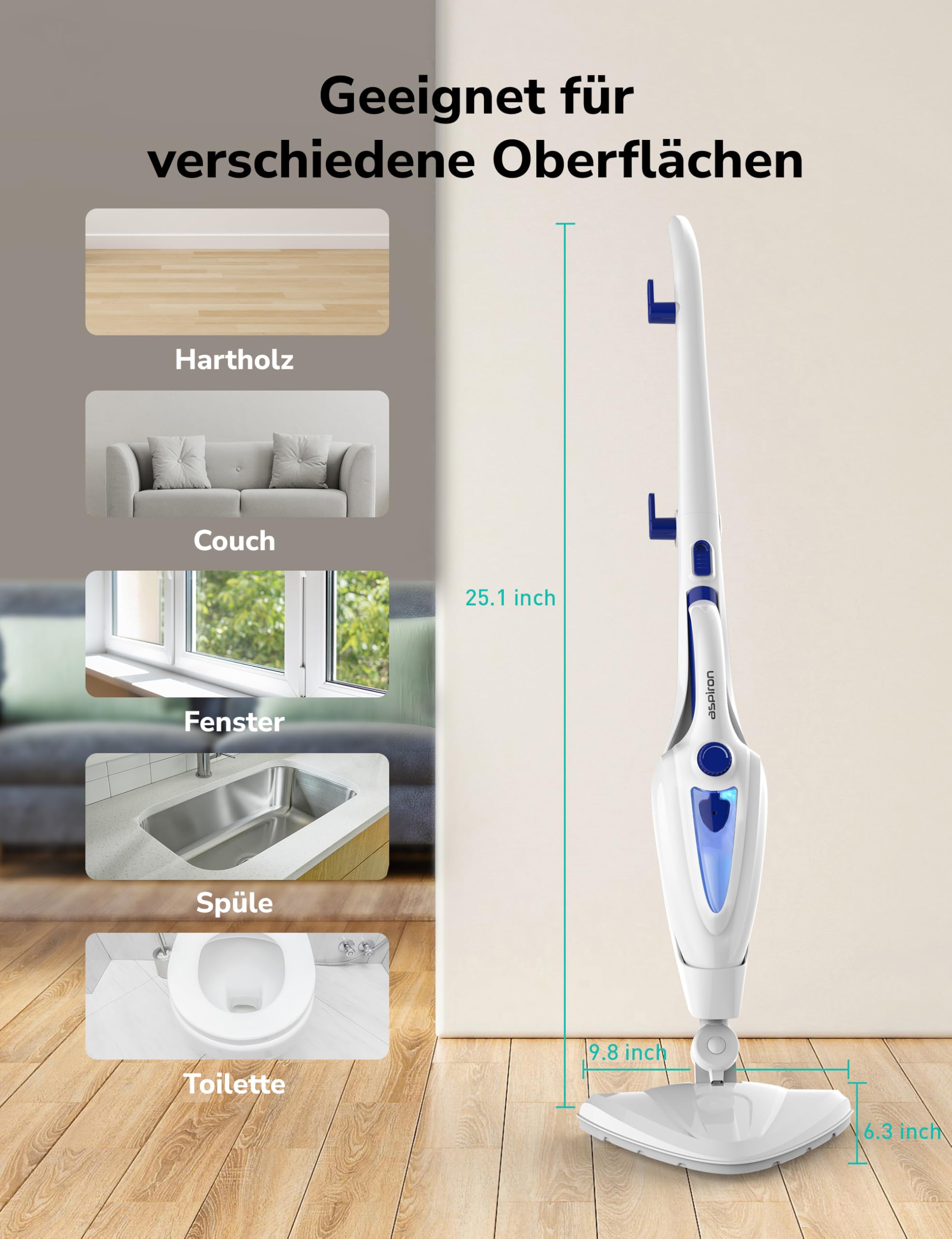 12-in-1 Dampfreiniger Bodenreiniger, 1500W Steam Mop mit Handgerät, 15 Sek. Schnellaufheizung, 30g/min Dampf, entfernt 99,99% Schmutz, für Fliesen, Laminat, Fenster, Sofa, Kleidung, Haushalt