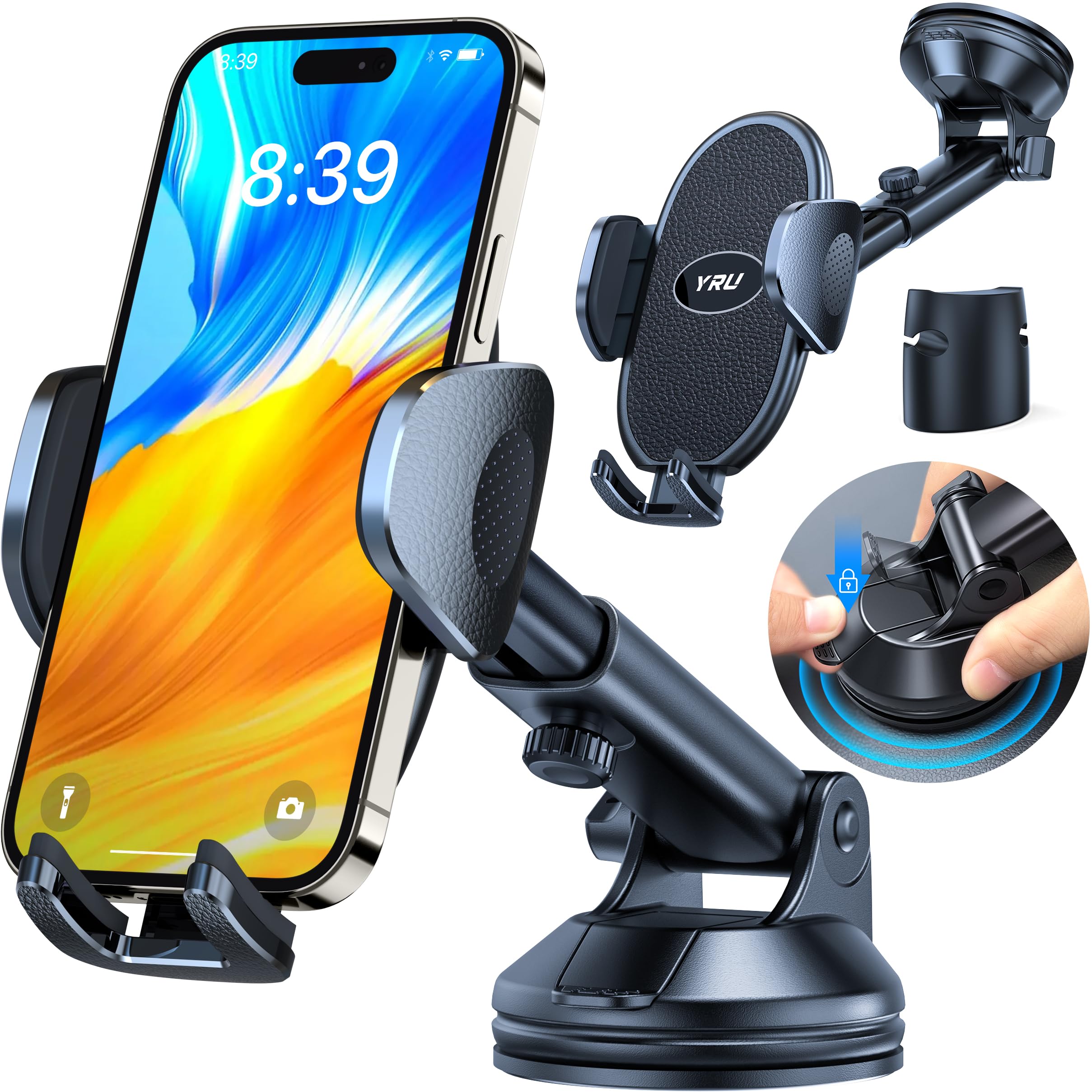 YRU [Upgraded] Universal Car Phone Holder Mountã€? 360Â° Rotatable &Strong Suctionã€‘ Cell Phone Holder for Car Dashboard Windshield Phone Holder Dash Stand for iPhone 15 14 13 Samsung Truck,Classic Black