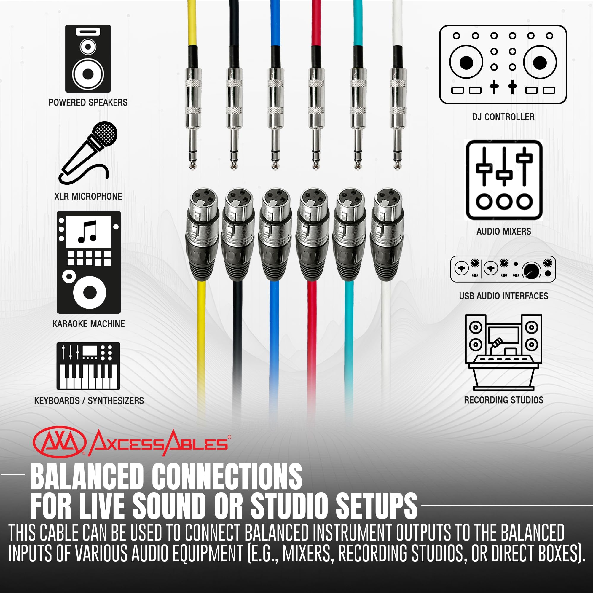 AxcessAbles Audio Lot de 6 câbles de haut-parleur TRS mâle vers XLR femelle multicolores avec connecteurs métalliques 6,5 mm