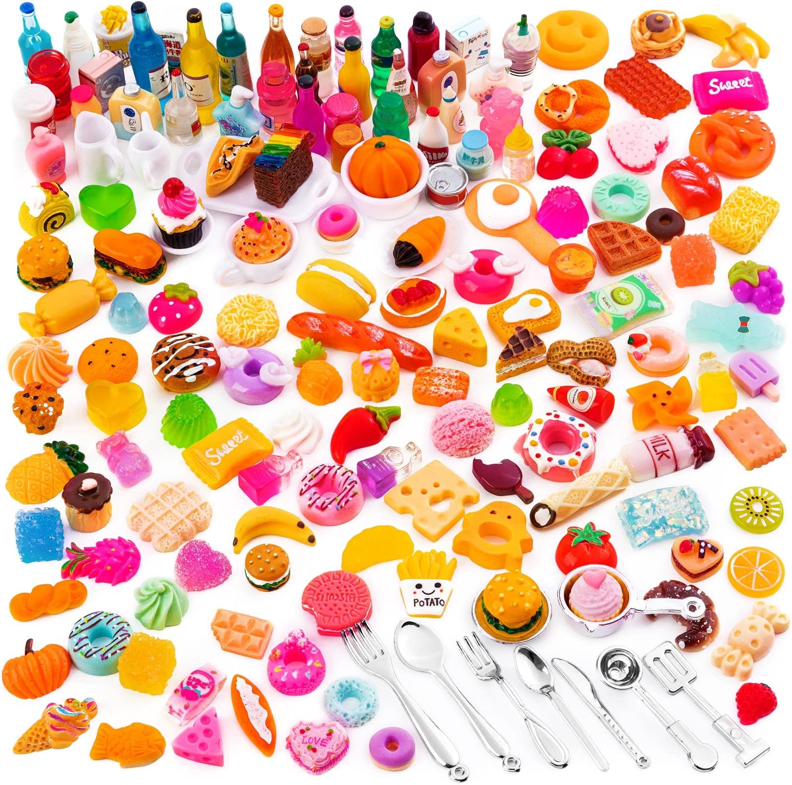 160 Pcs Mini Food Toys, Miniature Food Drinks Bottles for Doll Kitchen Pretend Play, Mixed Resin Kitchen Cutlery Toys for Adults Teenagers Doll House