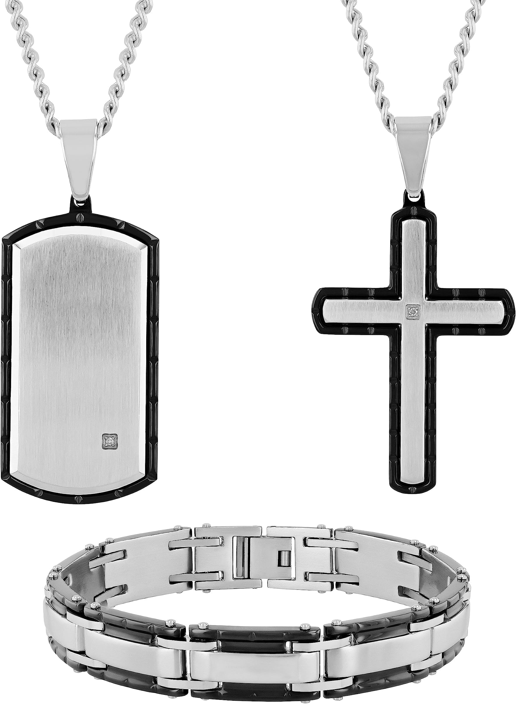 Men's Stainless Steel Diamond Accented Jewelry Sets Necklace Pendants Bracelets Hypoallergenic - Choice of Finishes and Designs