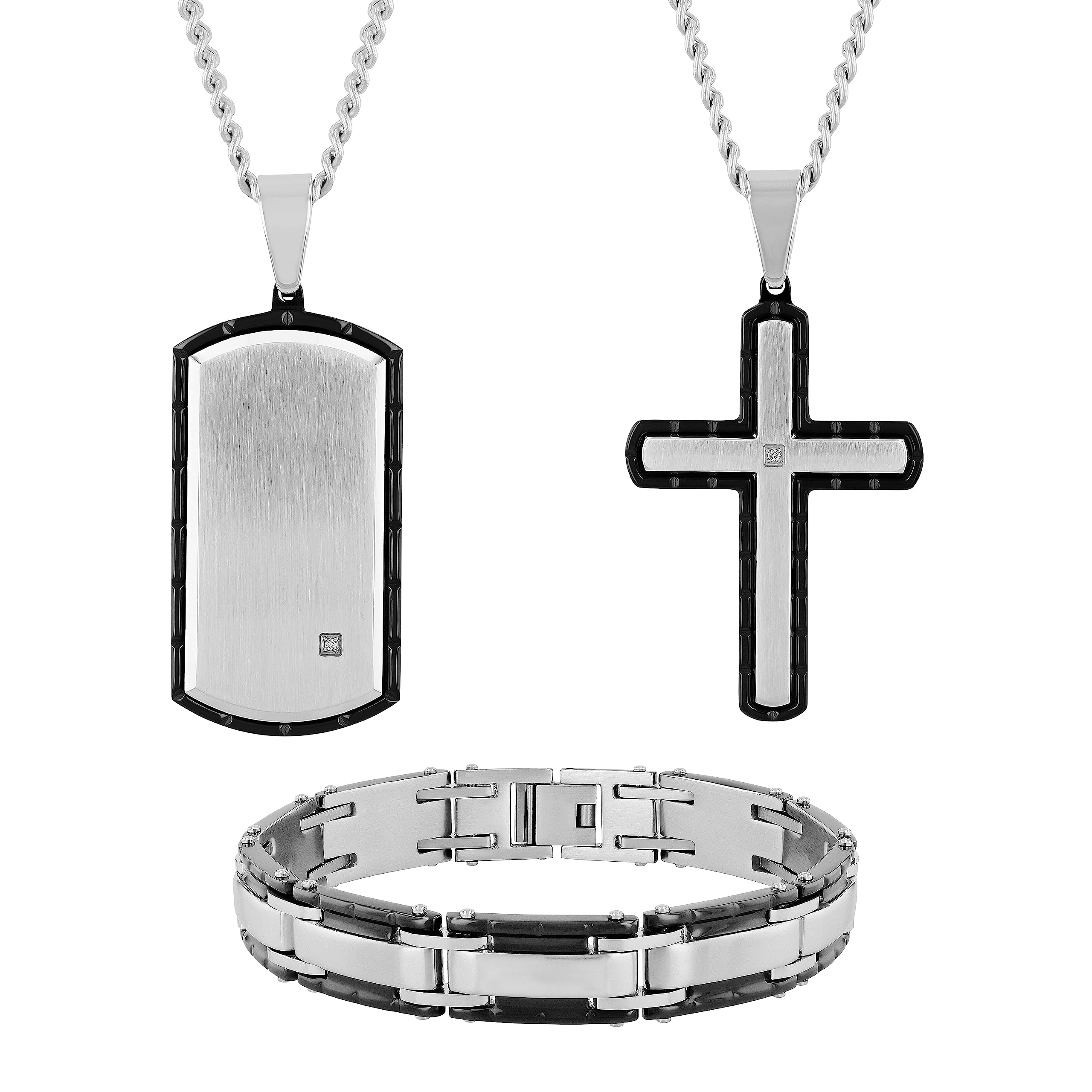 Men's Stainless Steel Diamond Accented Jewelry Sets Necklace Pendants Bracelets Hypoallergenic - Choice of Finishes and Designs