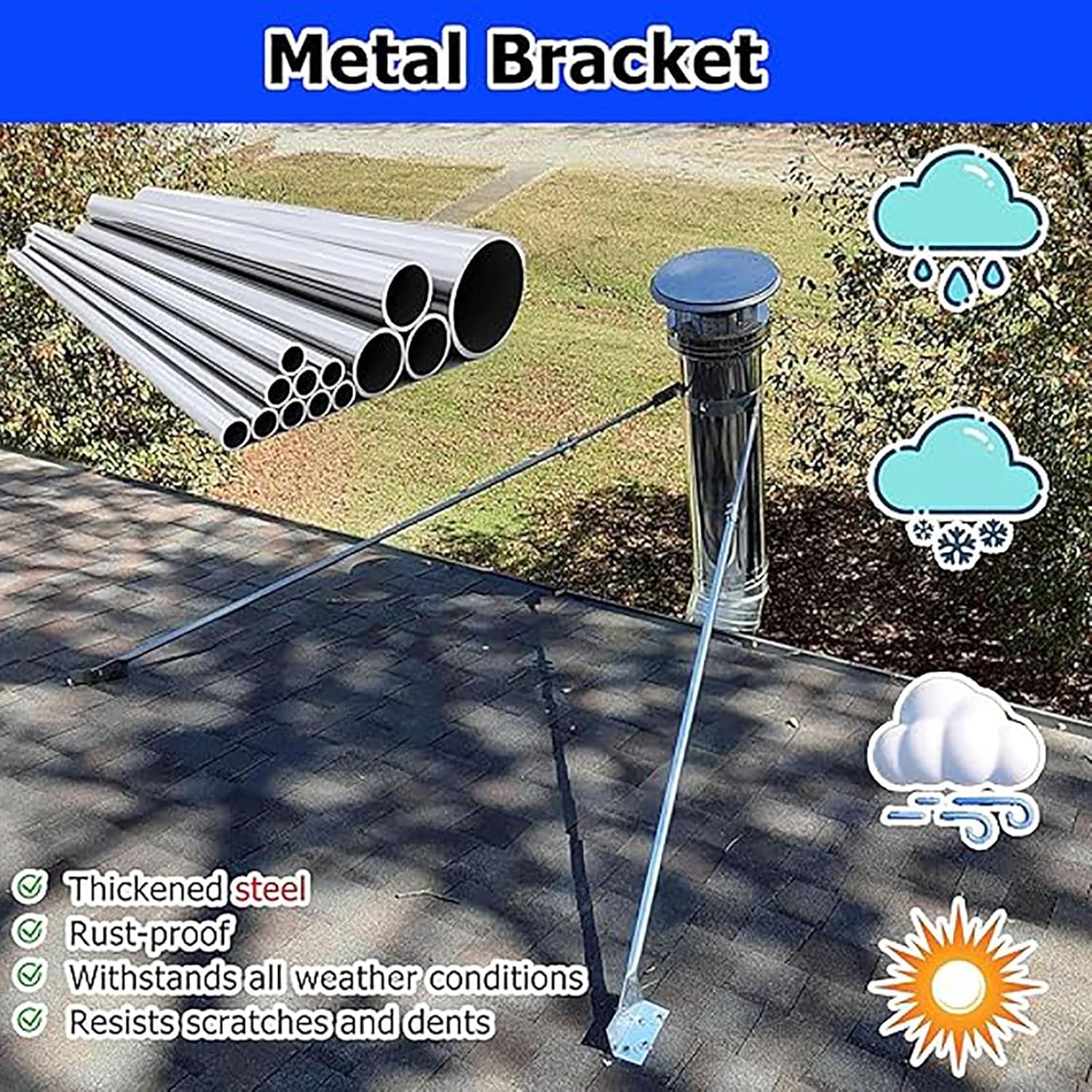 Stainless Steel Roof Bracket Kit for Chimney & Stove Pipes – 304 Durable Pipe Support with 2 Legs (10.5cm/4.1in) – Heavy-Duty Roof Mounting Solution