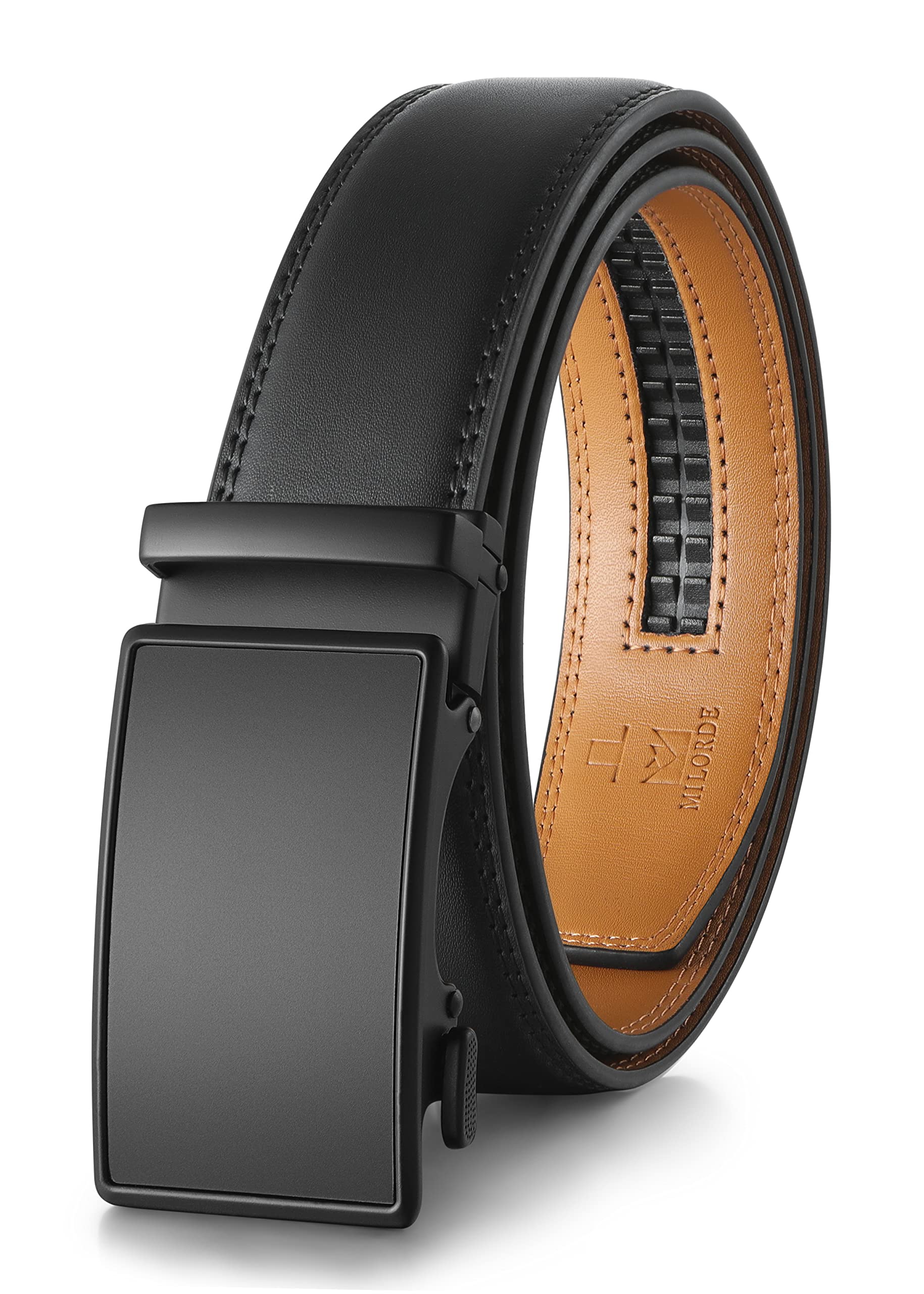 MILORDE Men's Ratchet Leather Belt for Casual Golf Dress Pants Shirts, Adjustable Fit, Comfortable and Easy To Use （35mm）