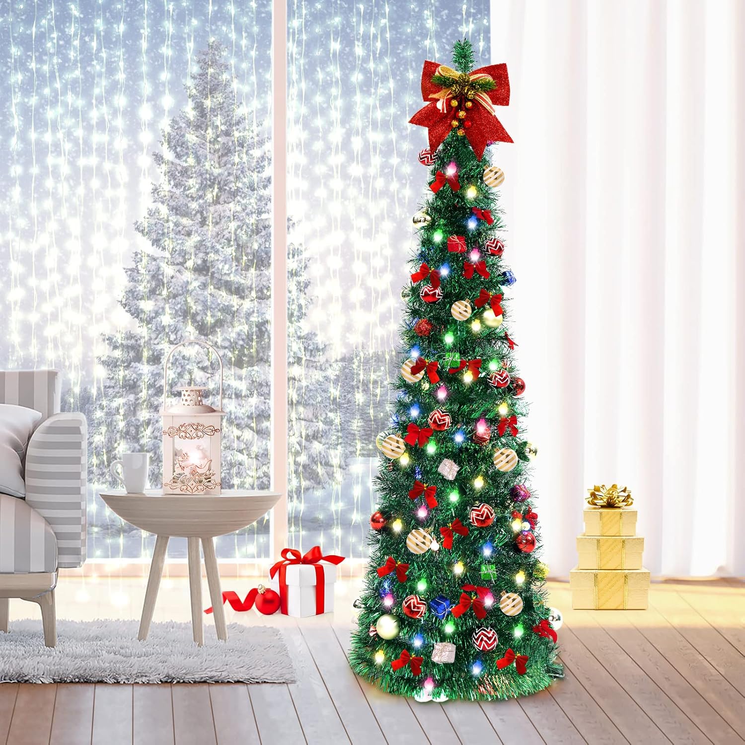 FHOZGECY Pop Up Christmas Tree, 5FT Collapsible Christmas Tree with 30