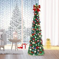 Árvore de Natal Pop-up, 1,5 m com 30 Luzes LED Multicoloridas, Tinsel com Laço de Bola Caixa de Presente para Interior, Festa, Natal, Casa, Escritório