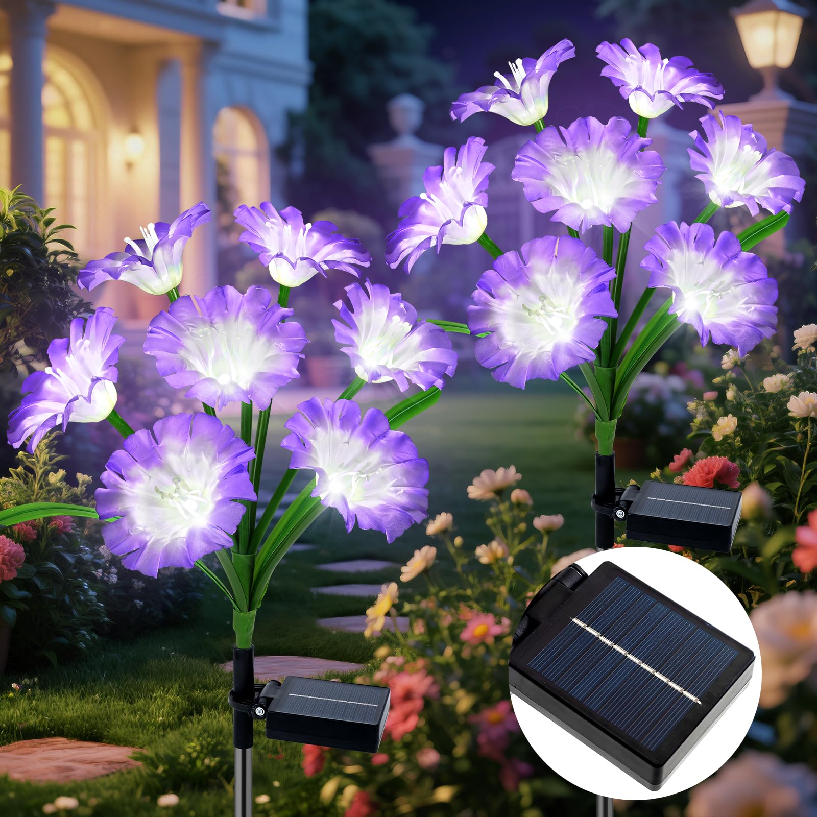 Fohil Solar Lights Outdoor Garden, 2 Pack LED Solar Flower Lights, 8 Lighting Modes Purple Flower Waterproof Garden Ornaments for Yard, Patio, Landscape, Walkway Grave Decorations