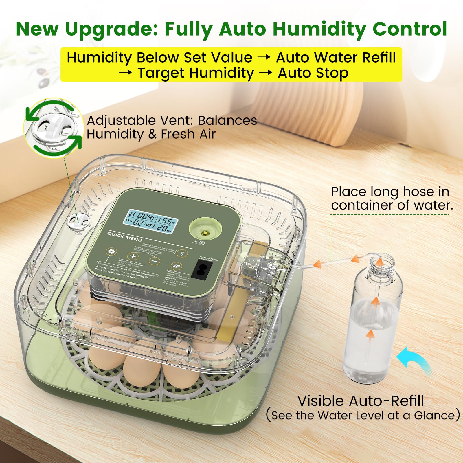 Incubatrice per 12 uova con rotazione automatica, ricarica automatica dell'acqua e controllo della temperatura/umidità, più guida per la schiusa, per pollo, anatra, quaglia, uova di piccione e altro