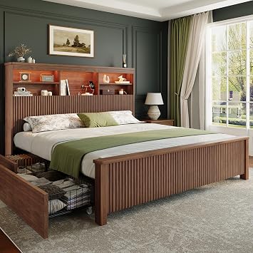 Queen Size Bed Frame with 4 Storage Drawers, Wood Bed Frame | Metal Platform Bed Frame with Headboard, Queen Bed Frame with LED Lights & Charging Ports, No Box Spring Needed, Noise-Free